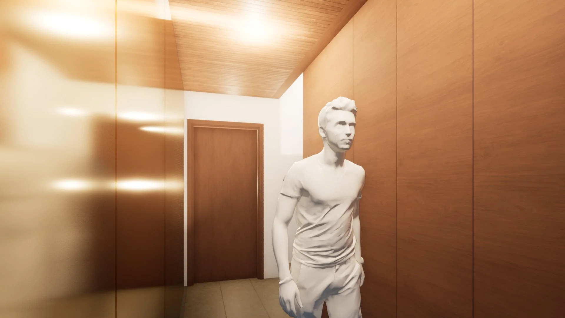White sculpture of a young man in a casual outfit standing in a modern corridor with wooden walls and ceiling.