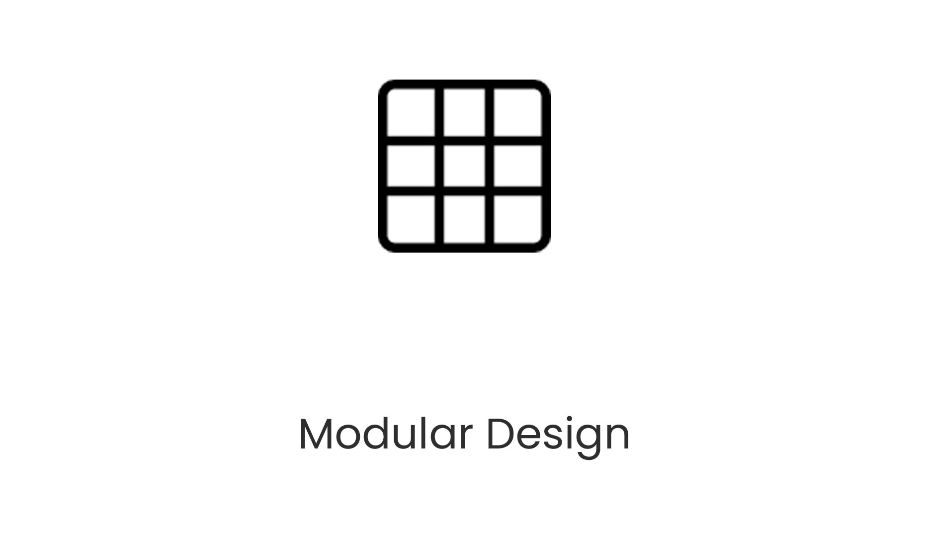 Icon representing a modular design, showing a grid of nine squares with black lines, and the text 'Modular Design' below it.