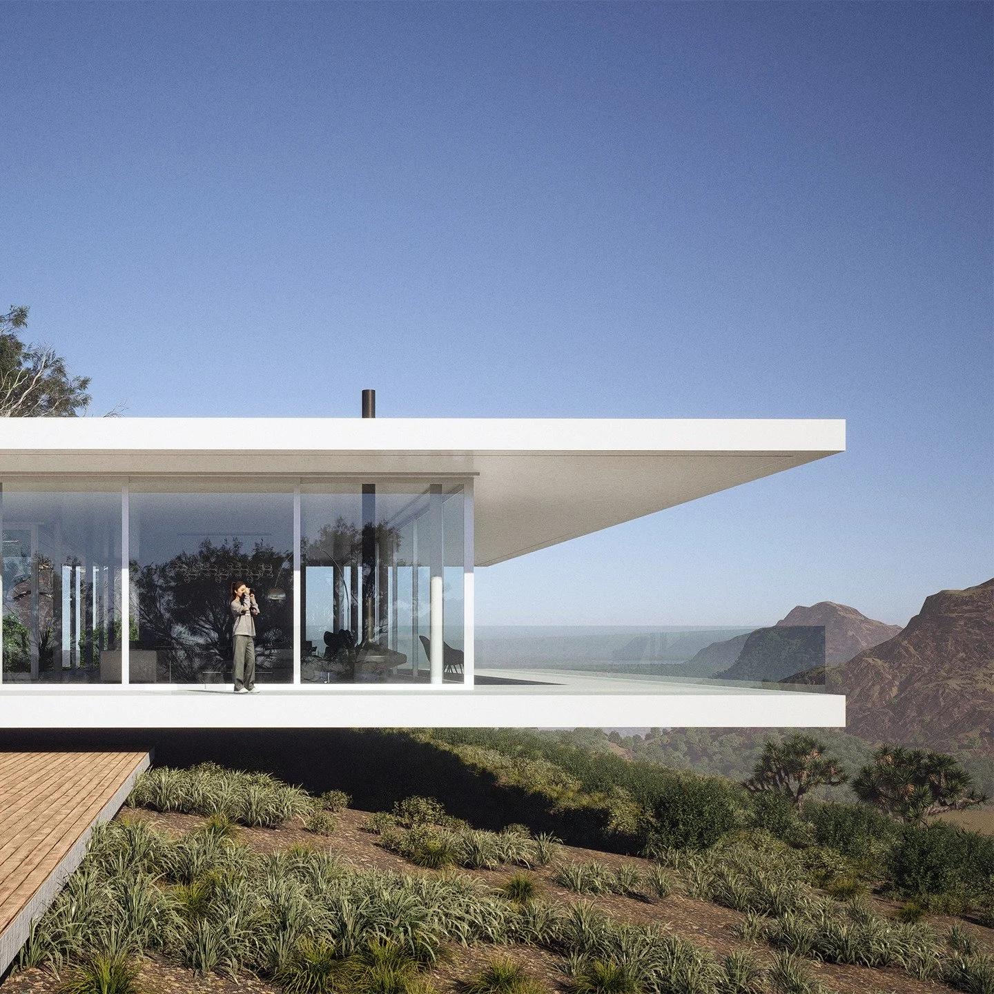 Our recent proposal for a house in the Karoo. 

Cantilevering over the ridge of a hill top, the house is sandwiched between two horizontal planes with deep veranda spaces all around.

#d5render
#architecture #design
#illustrarch