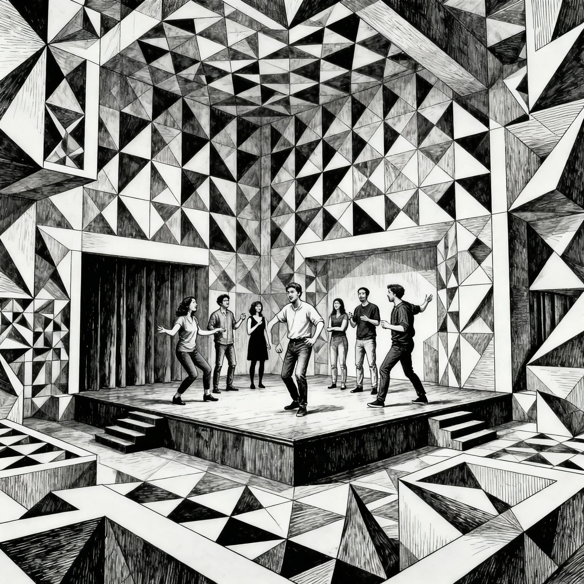 our improv classes in portland are so fun that they'll seem as trippy as this psychedelic image of 7 improvisers on an angular 3 dimensional stage