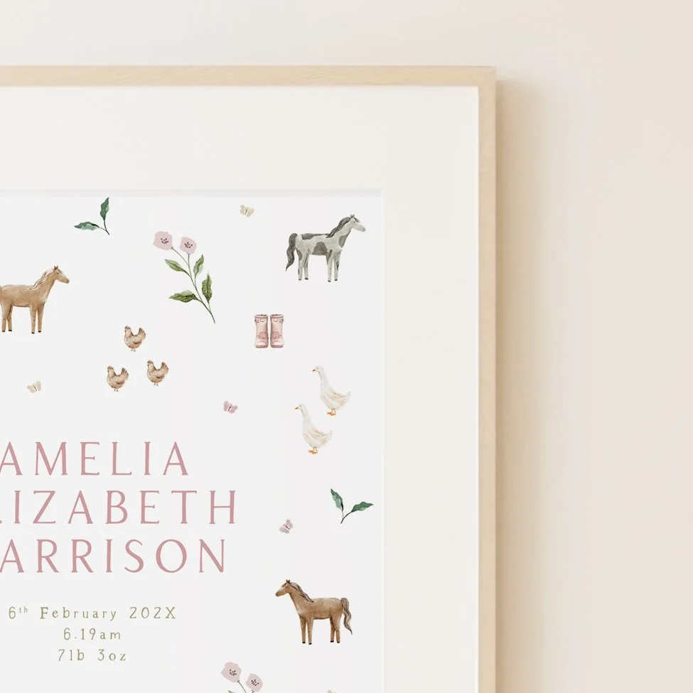 a close up view of a personalised nursery name print in a cute pony and farm theme.jpg