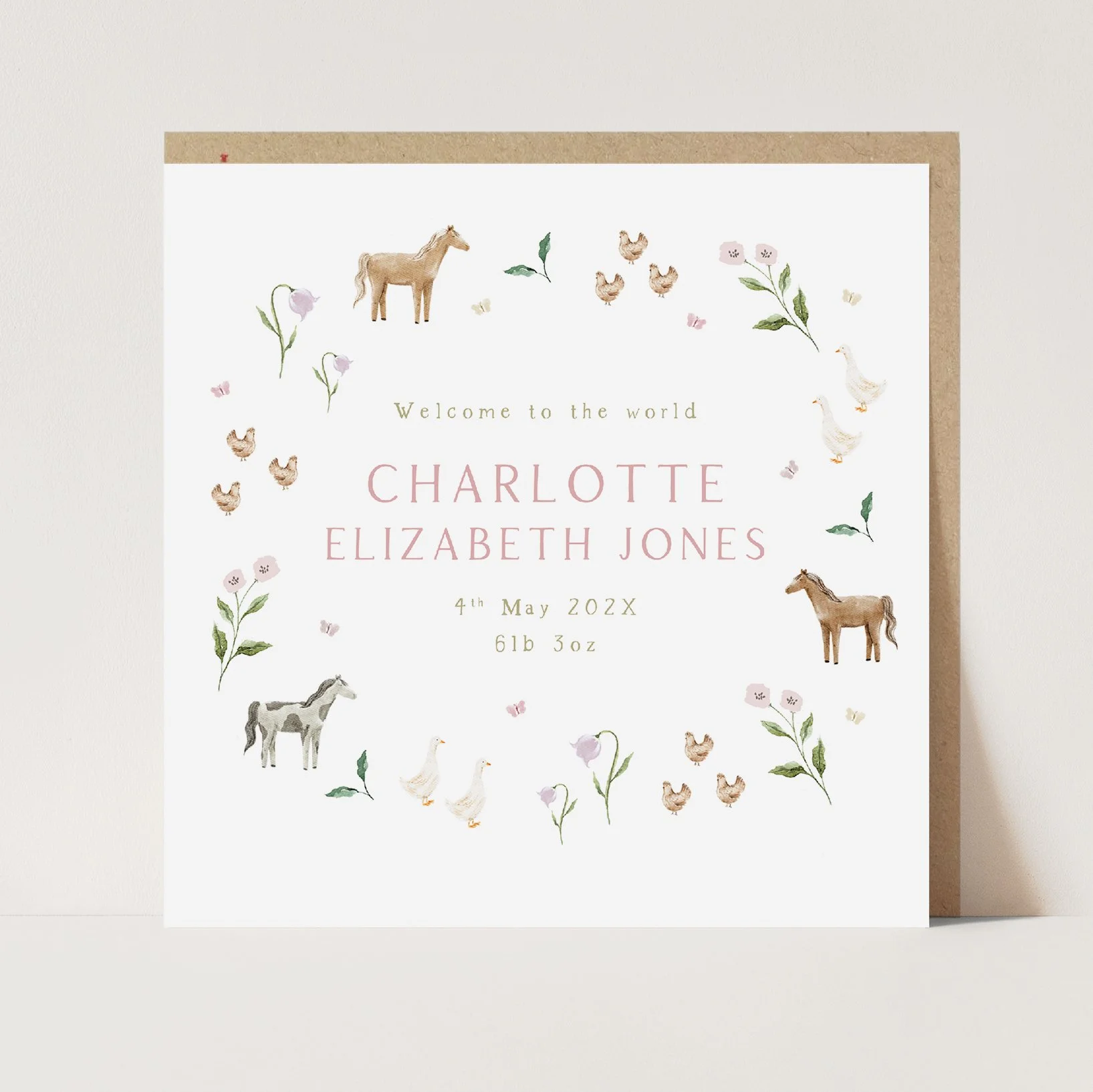 Personalised New Baby Girl Card - Ponies & flowers