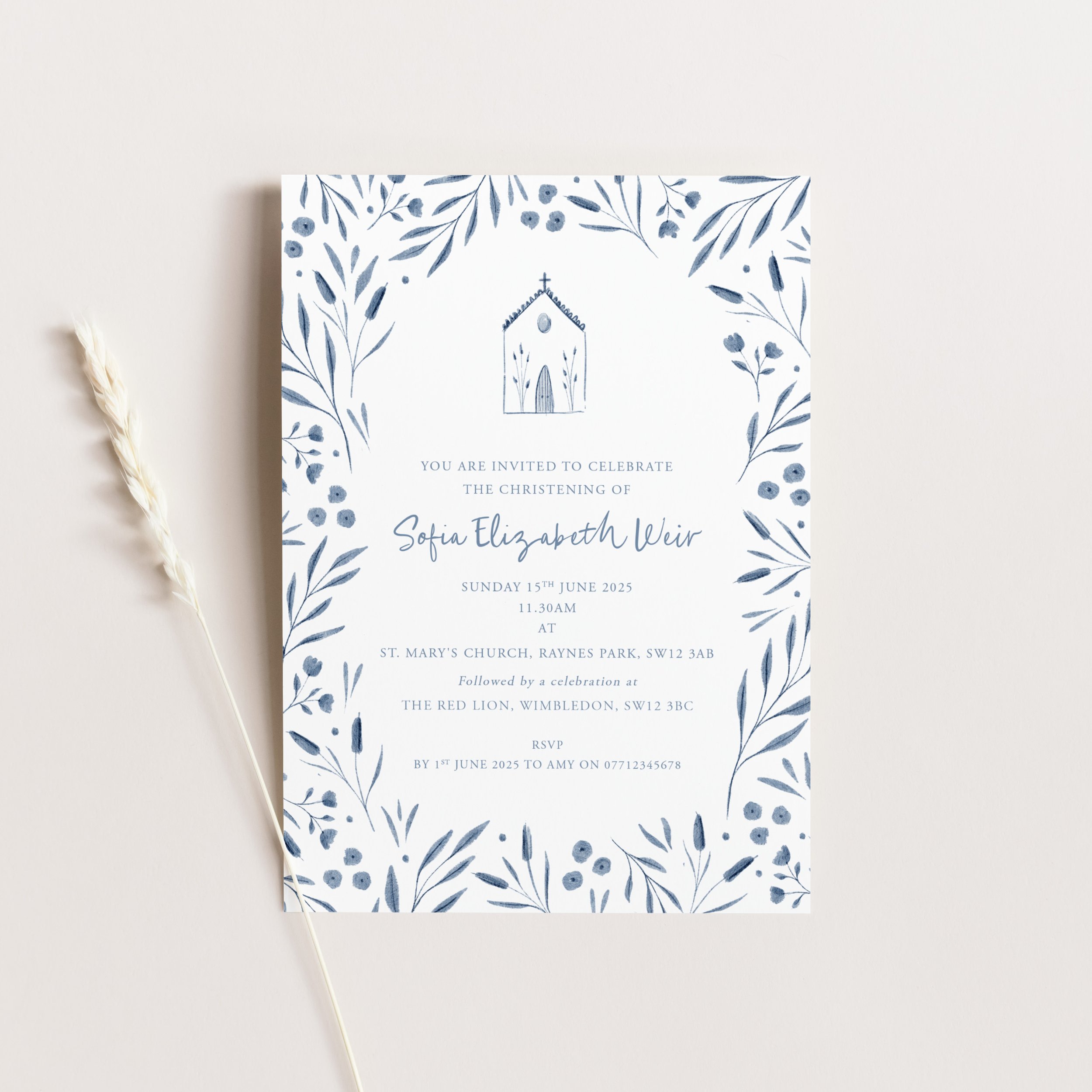Blue Whimsical Christening/Baptism Church Invitation
