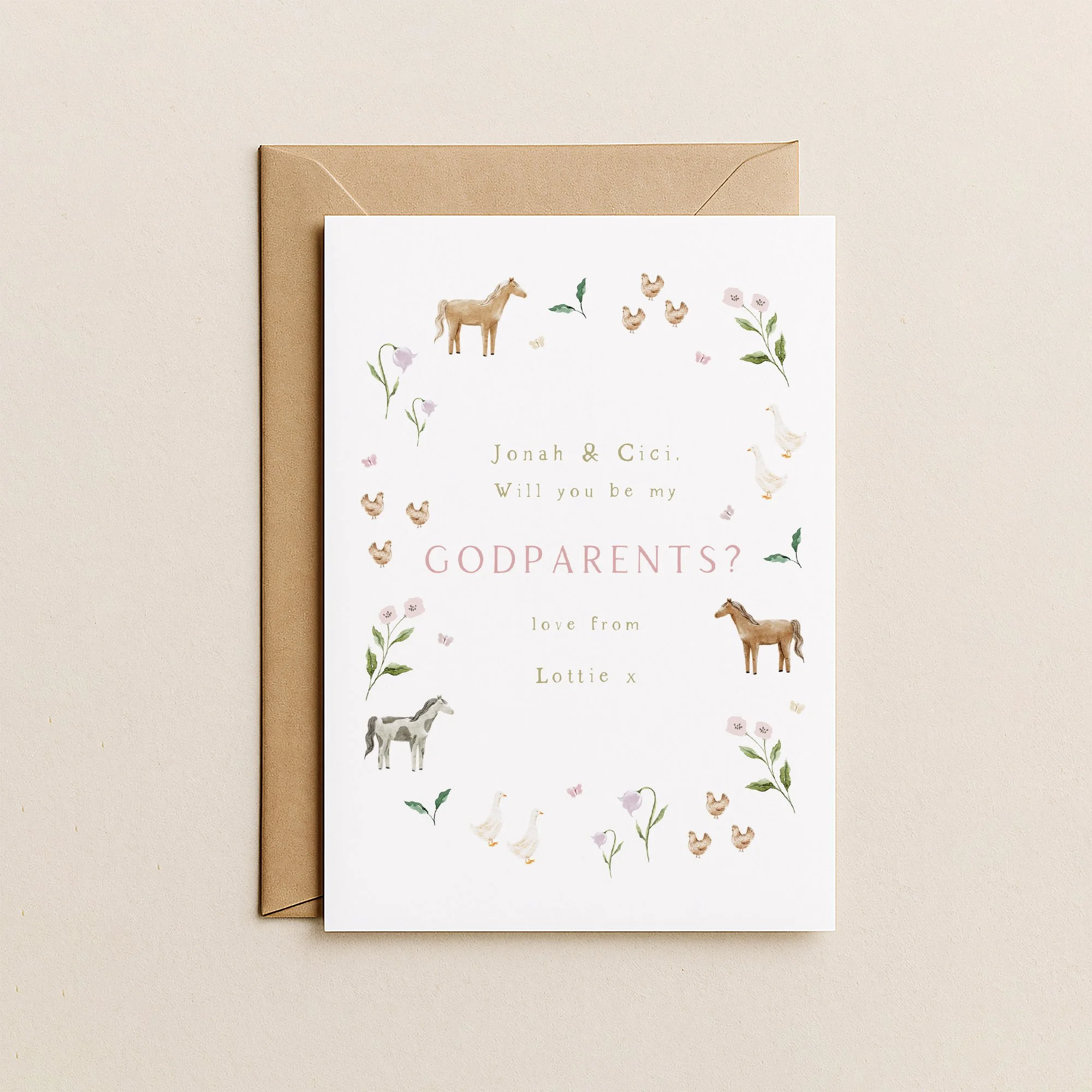 A Godparent proposal card with illustrations of a horse, chickens, and flowers, accompanied by a message asking if the recipient will be their godparent.
