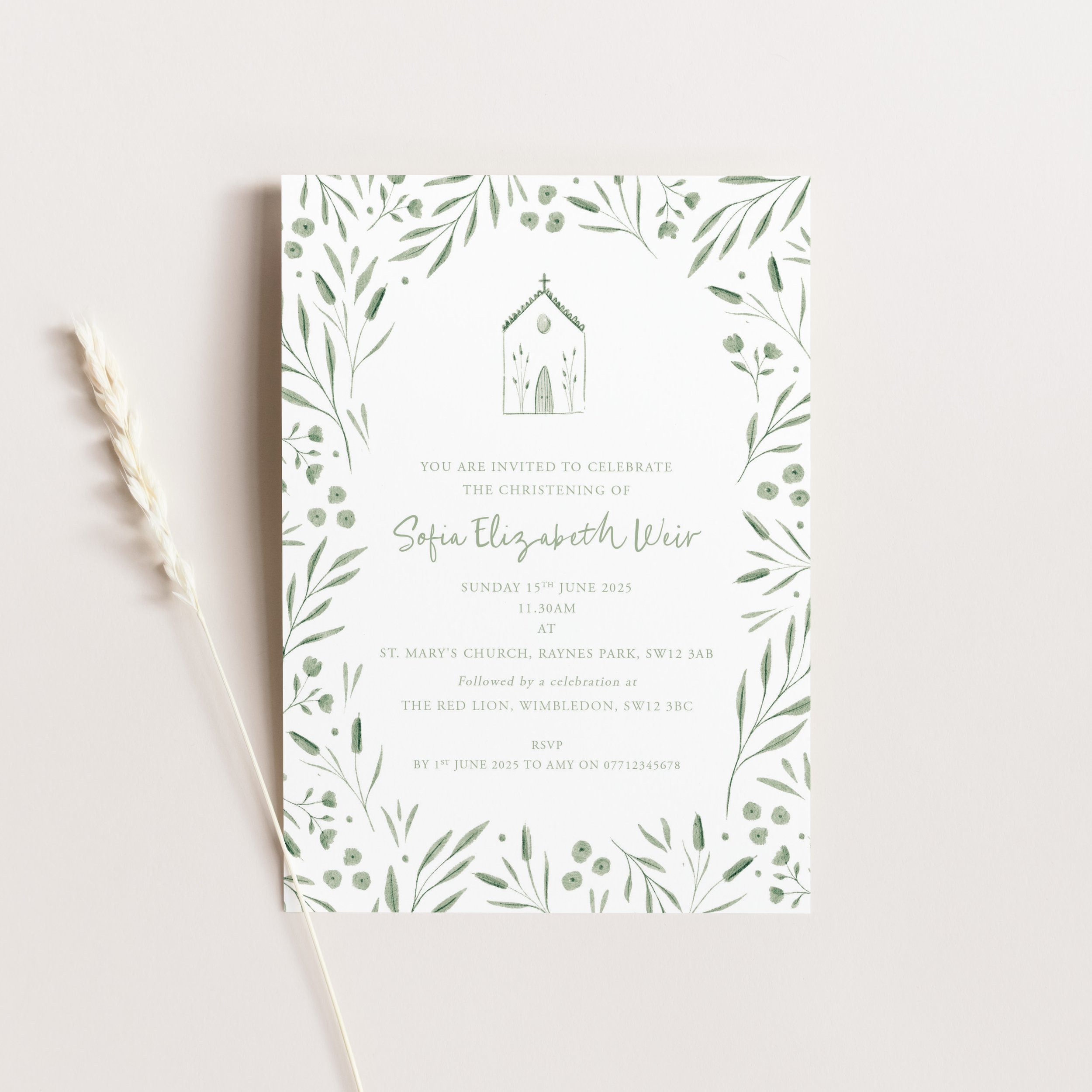 Sage Green Whimsical Christening/Baptism Church Invitation