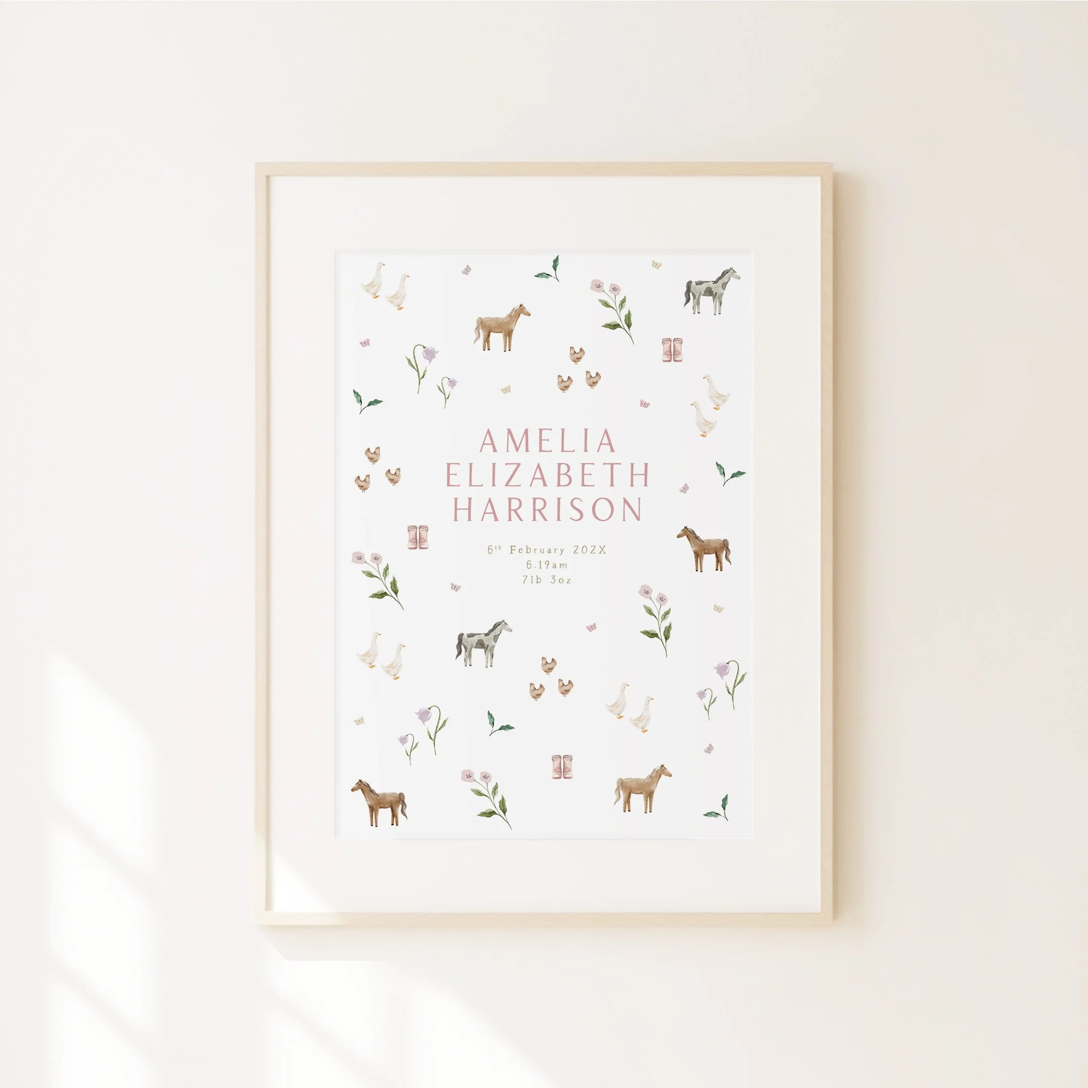 Personalised new baby nursery art with a cute horse and farm theme.jpg