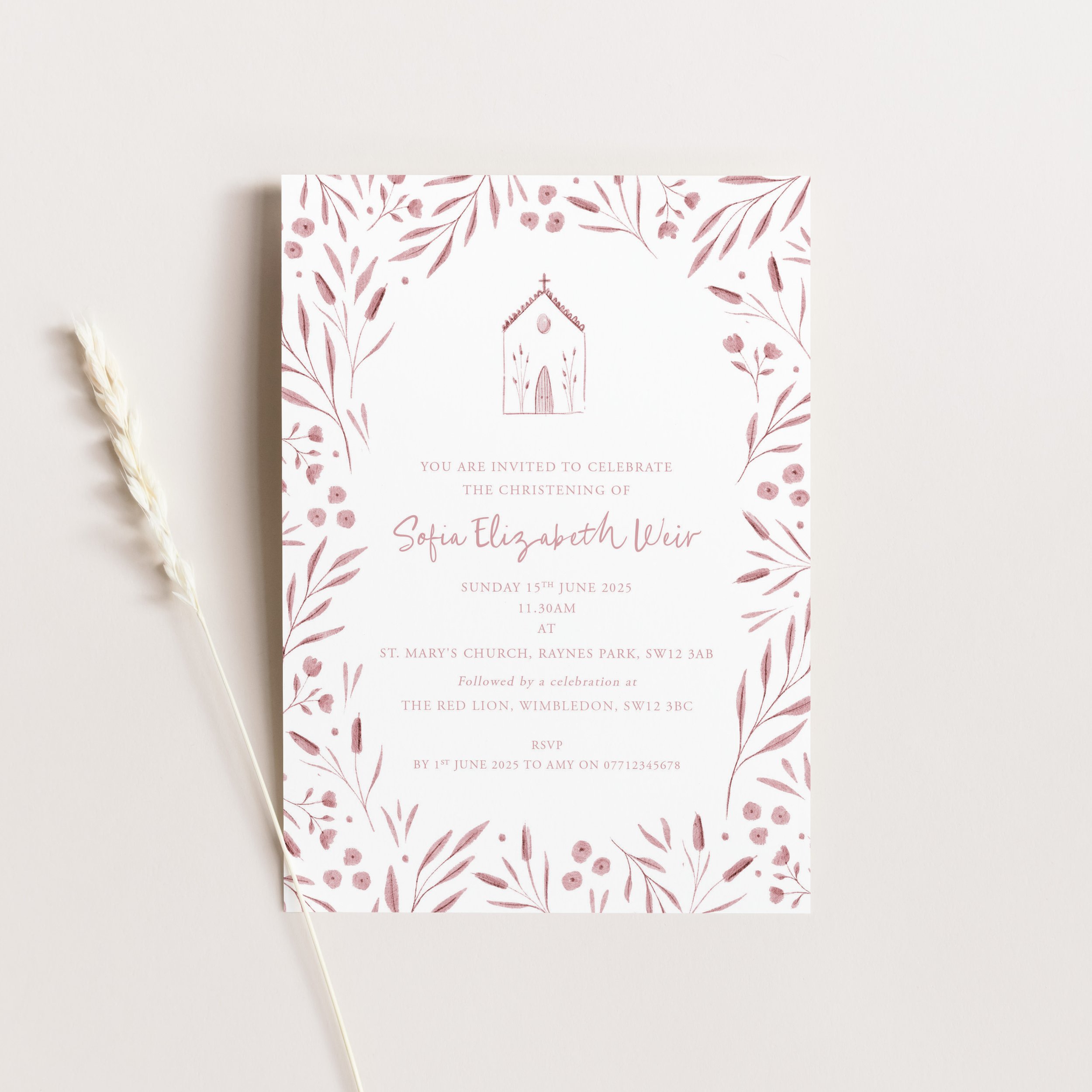 Girls Pink whimsical Christening invitation with foliage and flowers and a cute church illustration.