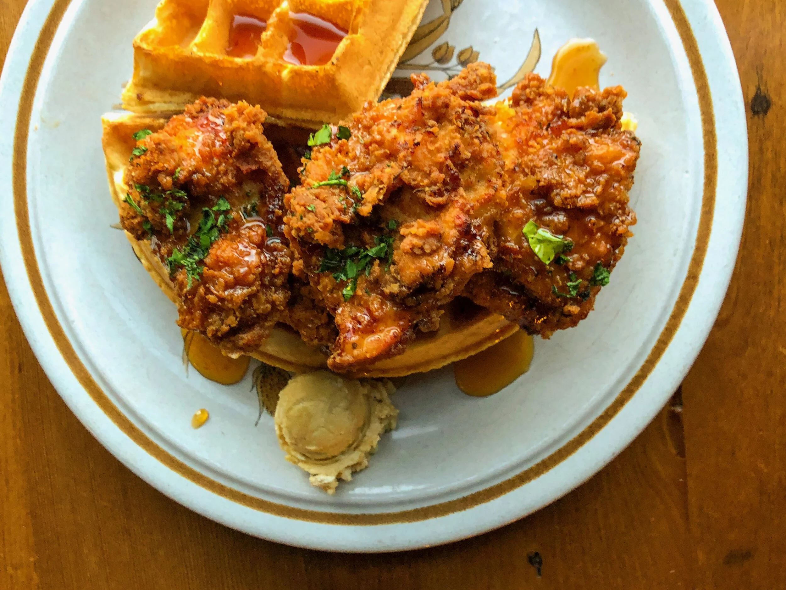 Chicken and waffles brunch dish at SCHOOL Restaurant in Liberty Village, Toronto.
