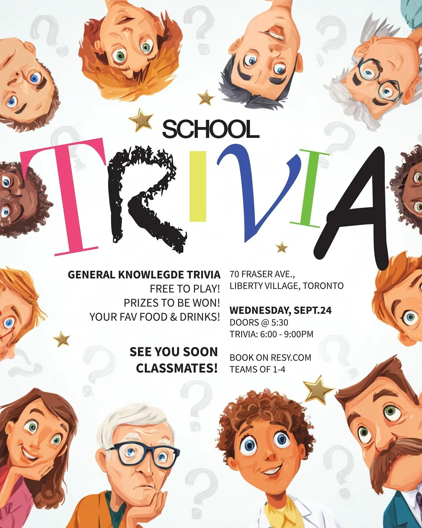 ARE YOU SMARTER THAN OUR FACULTY? PROVE IT! 

Our General Knowledge Trivia is happening Wednesday, Sept. 24th. Doors open at 5:30, trivia from 6-9pm. 

Prizes to be won! Your favourite SCHOOL food &amp; drinks available all evening! 

Teams of 1-4. B