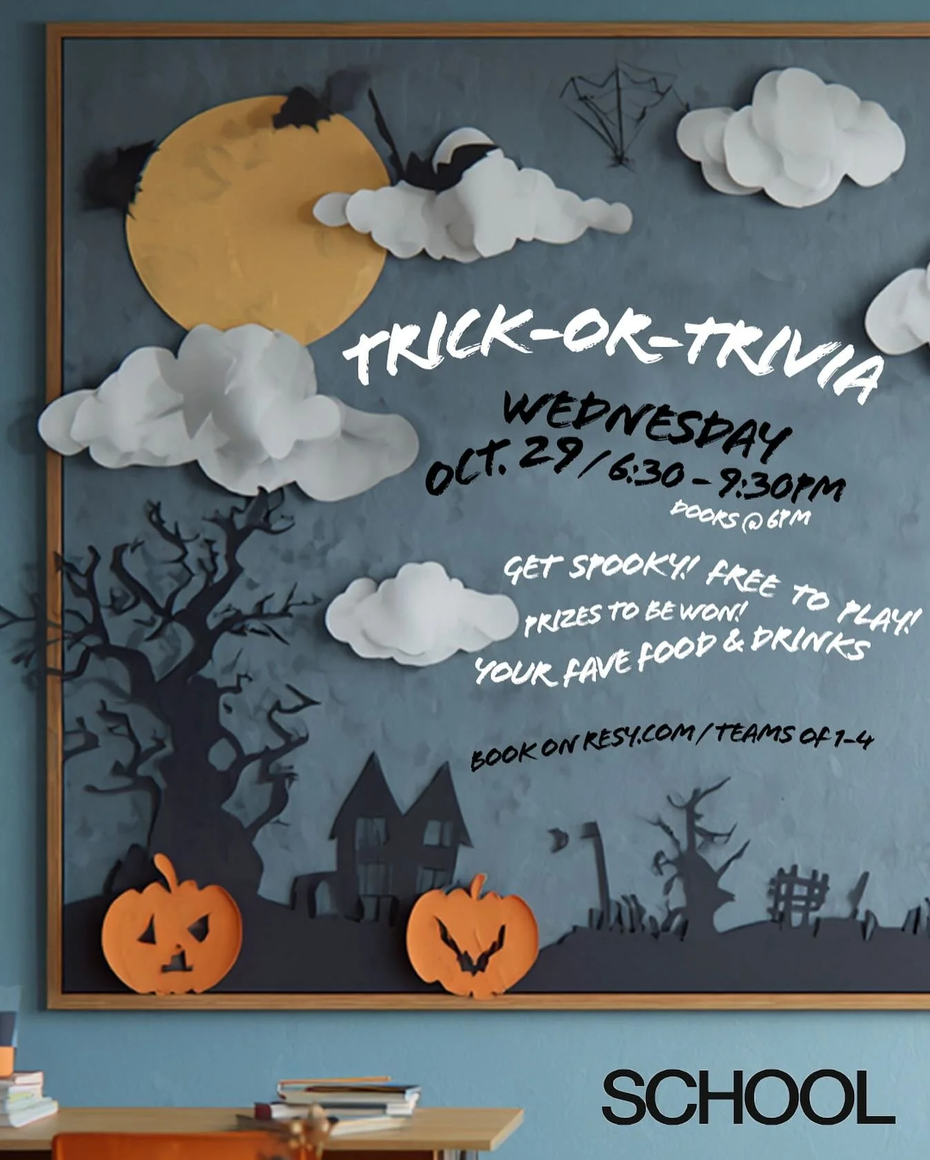 TRICK-OR-TRIVIA 👻🎃

Come play some spooky trivia with your friends, family and fellow classmates. 

Free to play! Prizes to be won! Your favourite SCHOOL food &amp; drinks available all evening. 

Wednesday, Oct. 29 - 6:30-9:30PM. Doors open at 6pm