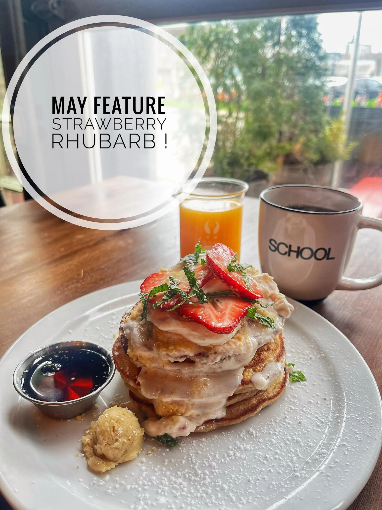 The Lunch Ladies are killing it in the kitchen, May Feature Stacks - Strawberry Rhubarb, topped with whipped strawberry mascarpone, crumbled shortcake, and fresh strawberries with a hint o mint. #brunch #libertyvillagetoronto #foodlover #pancakes