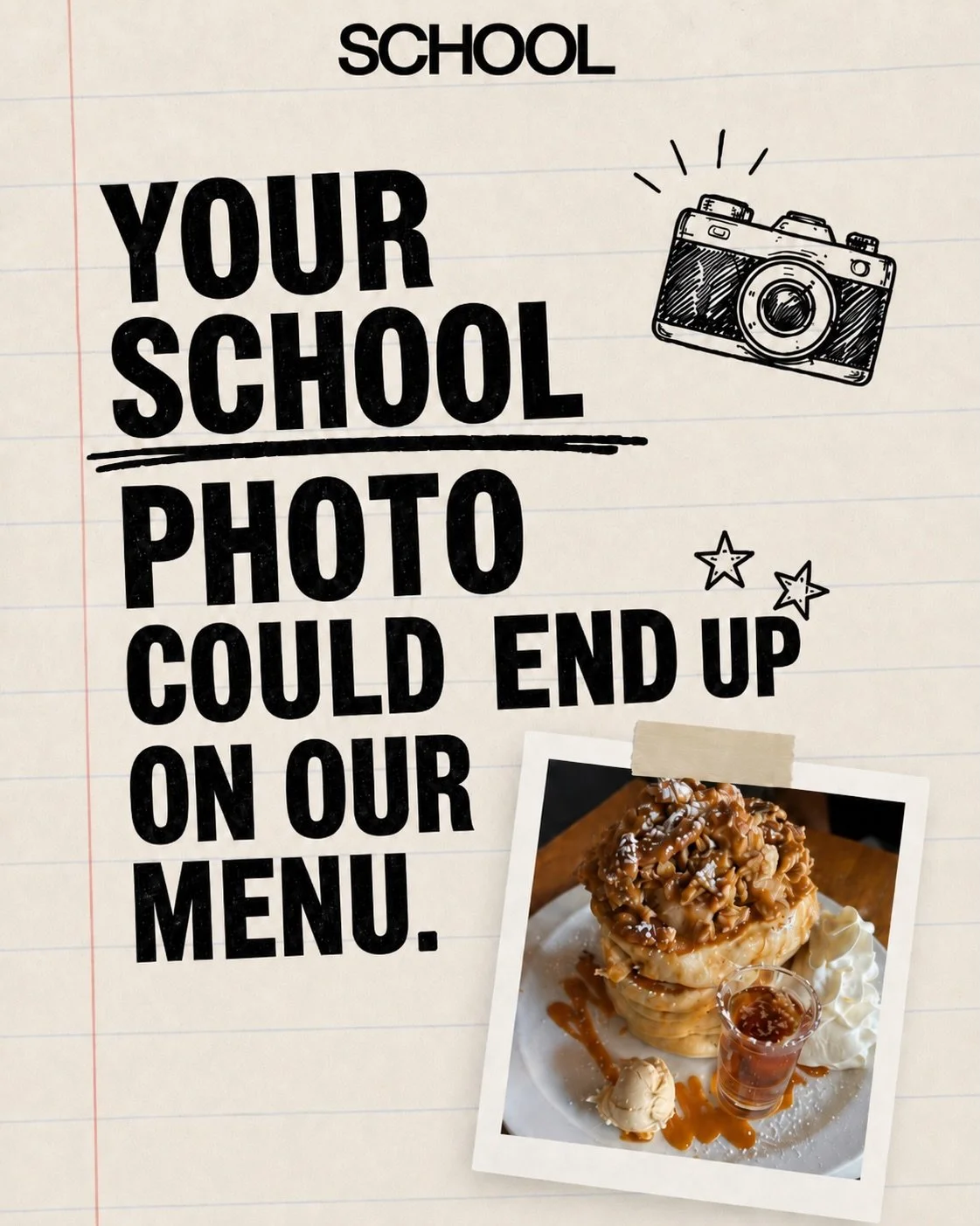 Your SCHOOL dish (or drink) photo could end up on our menu! 📸🥞✨

Class, we&rsquo;ve loved seeing all of the photos you&rsquo;ve shared online, so we thought we&rsquo;d make this your official summer school homework. 🧑🏼&zwj;🏫🤳🏻

We&rsquo;re inv