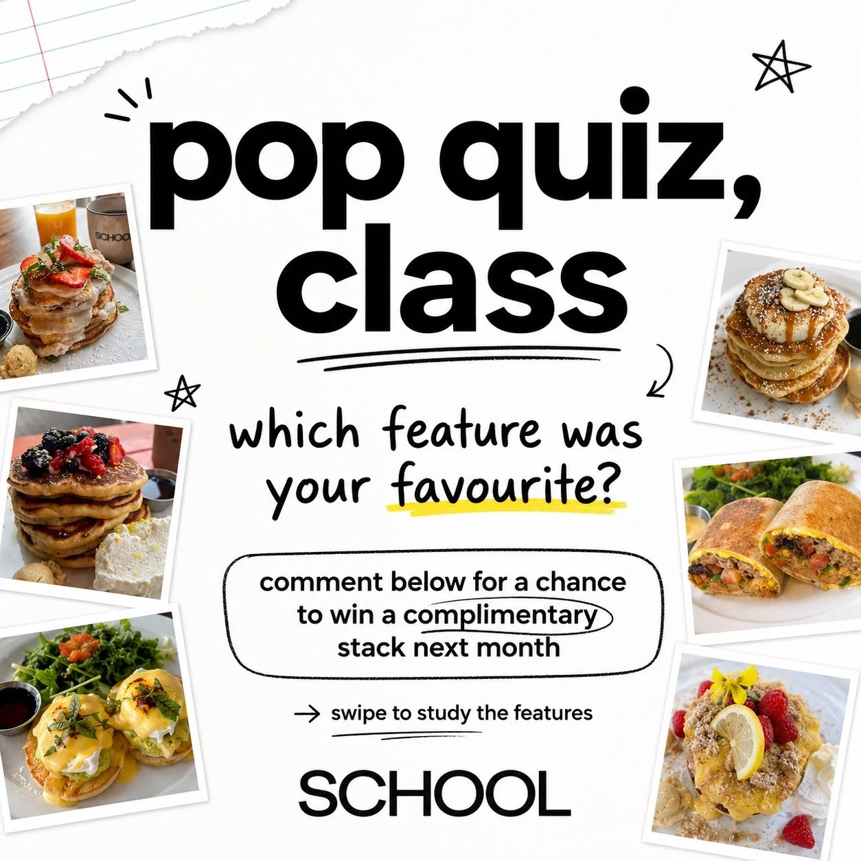 Class is back in session! 👩&zwj;🏫📚🥞

The World Cup final may be over, but the competition at SCHOOL is just getting started.

The lineup of past features is up on the board. Which one deserves the trophy? 🏆

Vote for your favourite by commenting