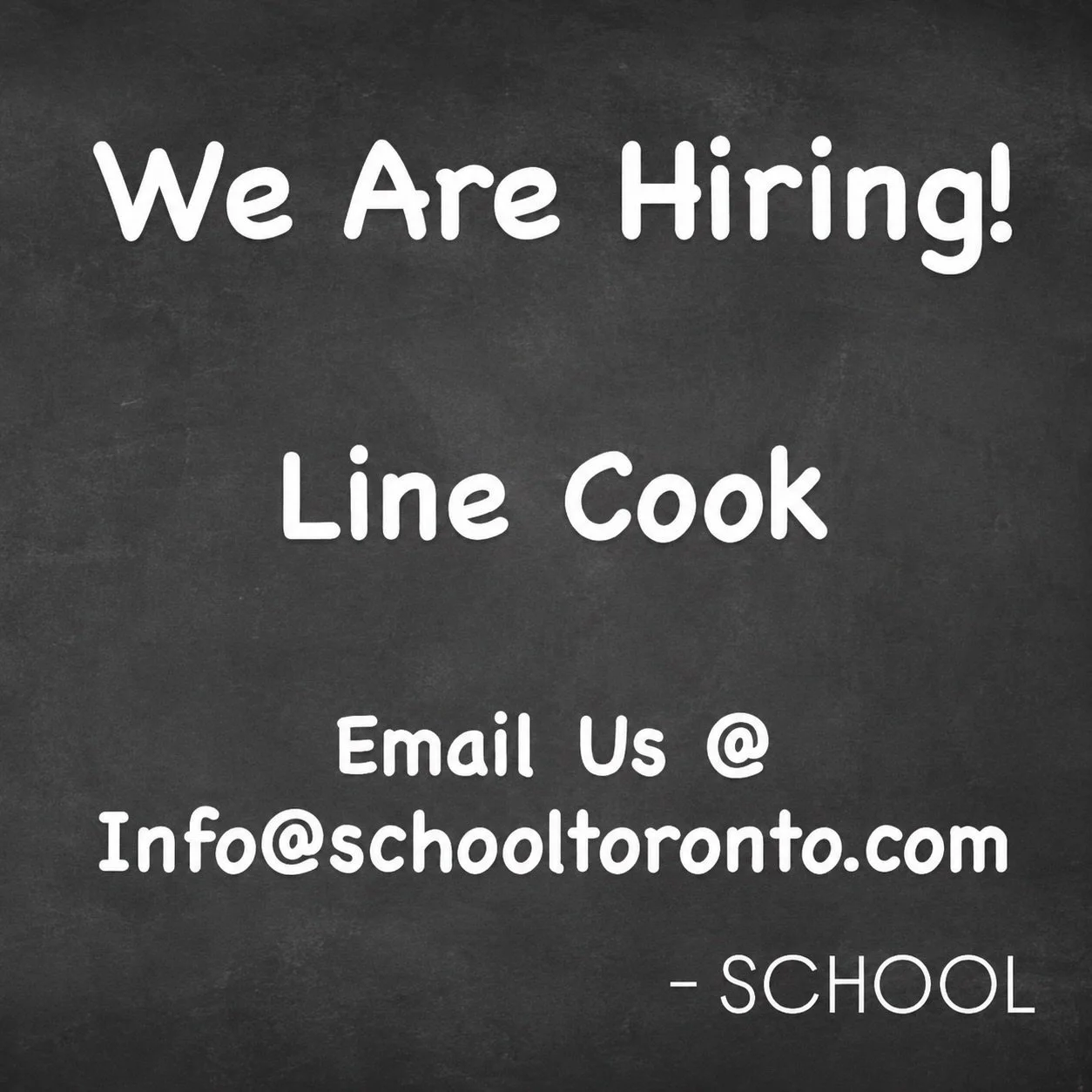 📣 We&rsquo;re hiring!

SCHOOL is looking for an experienced Line Cook to join the team. 👩&zwj;🍳👨&zwj;🍳

If you&rsquo;ve got kitchen experience and think you&rsquo;d be a good fit for class, send your resume to:

info@schooltoronto.com

Feel free