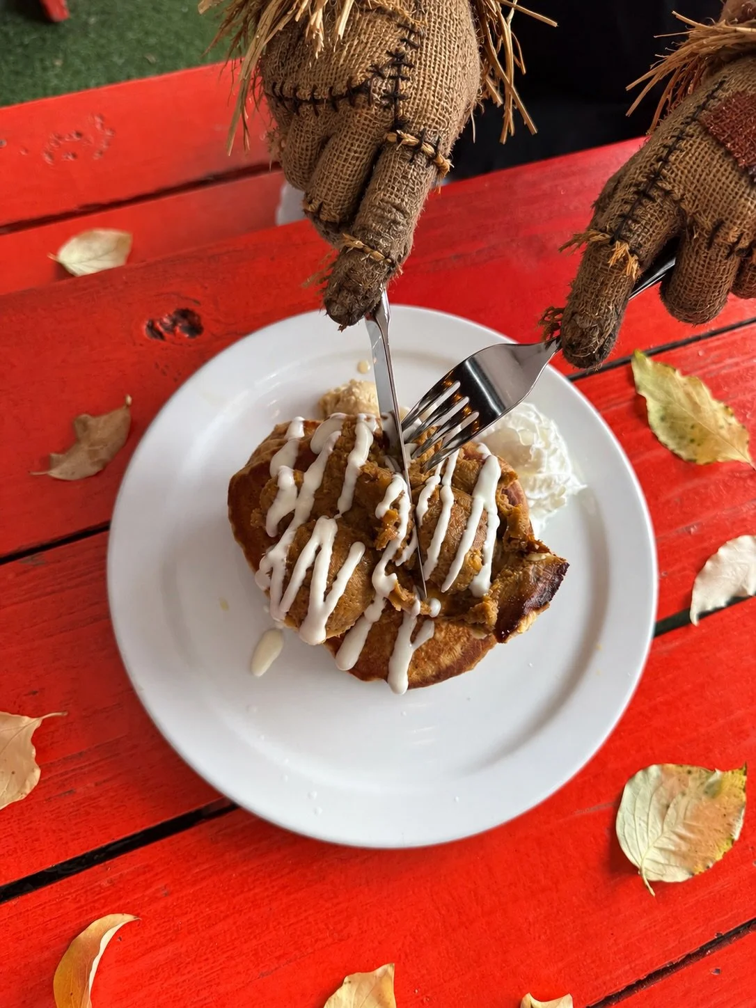 Brunch Lady Joe invited a scarecrow into the SCHOOL kitchen and somehow this is what they cooked up. 🎃🥞

Meet October&rsquo;s feature: Homeroom Harvest Pancakes!

Pumpkin spice pancakes topped with house-made pumpkin pie and drizzled with cream che