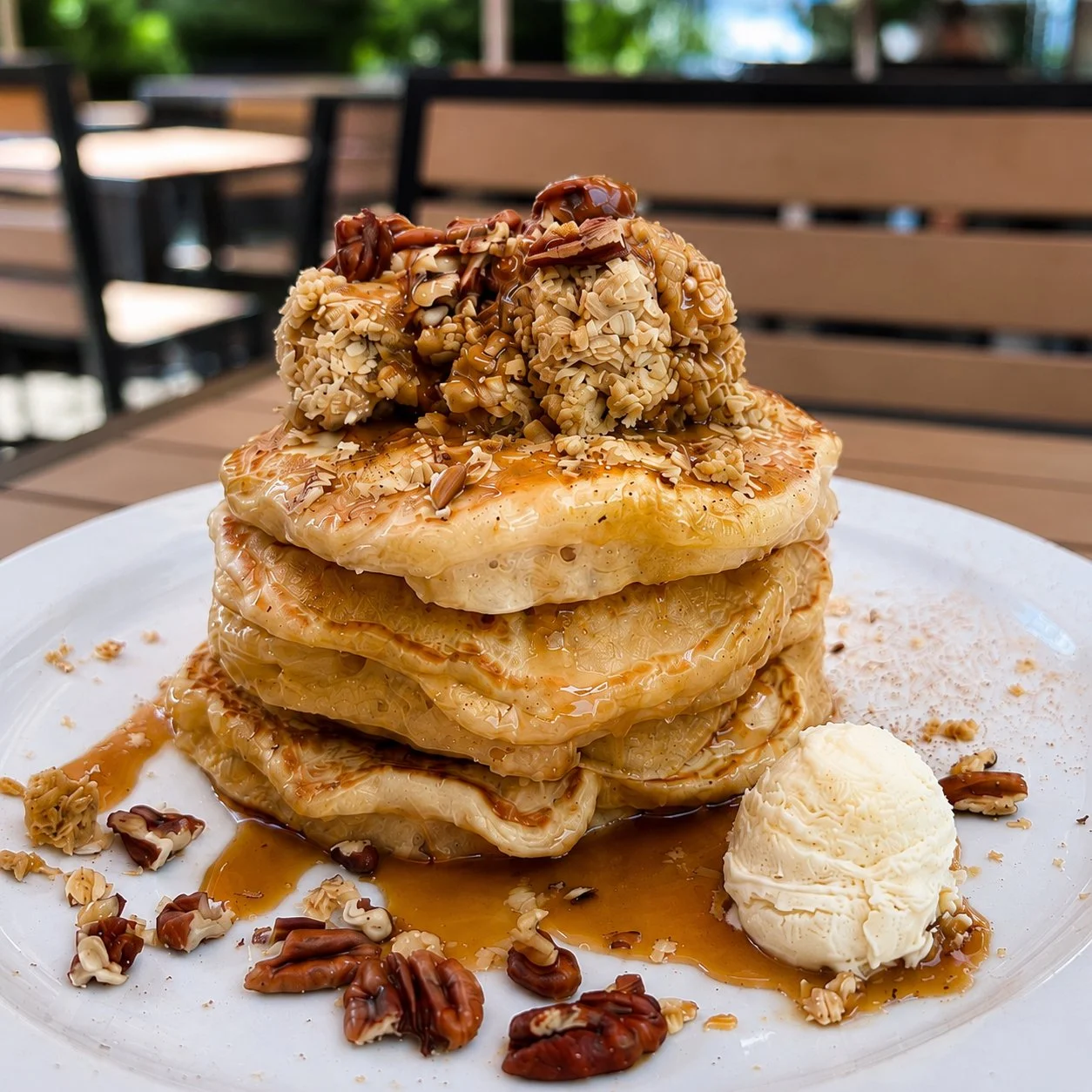 Apple cinnamon pancakes at School Restaurant, topped with crumble, caramel and pecans