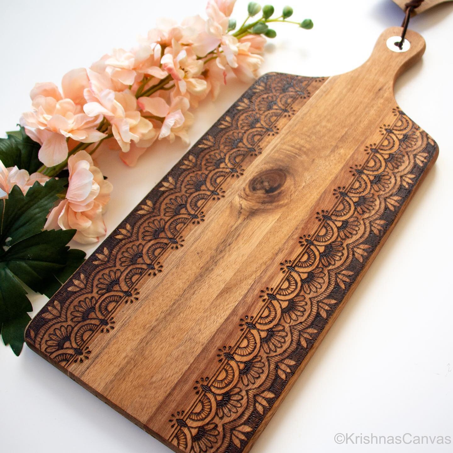 Henna inspired cutting/serving board available in my shop now! All ready-made wood products are 10% off right now with the discount code &ldquo;BLACKFRIDAY10&rdquo; 

All my boards are food-safe and finished with mineral oil so they are ready to be u