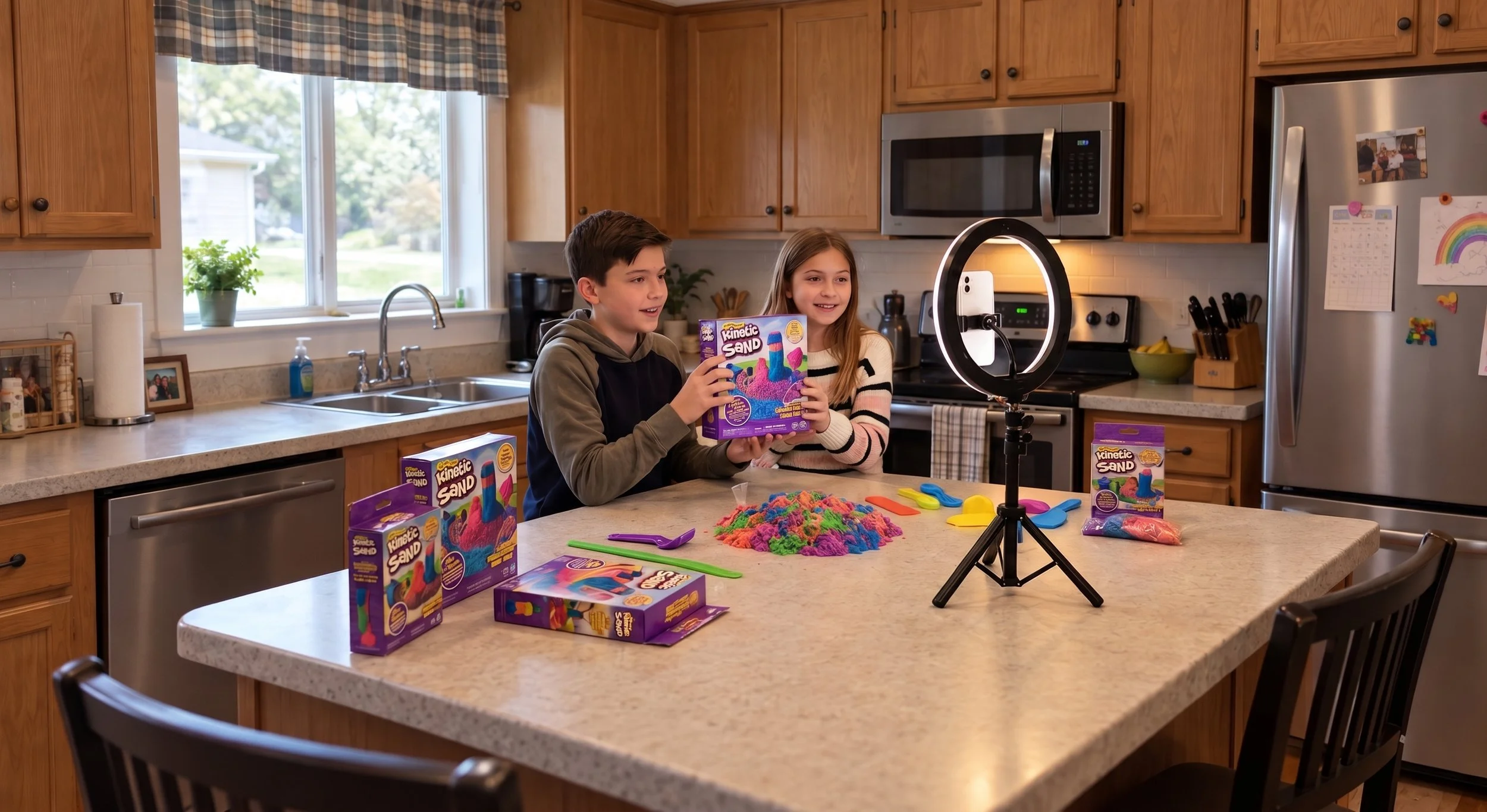 Two kids filming a toy review with a phone on a ring light