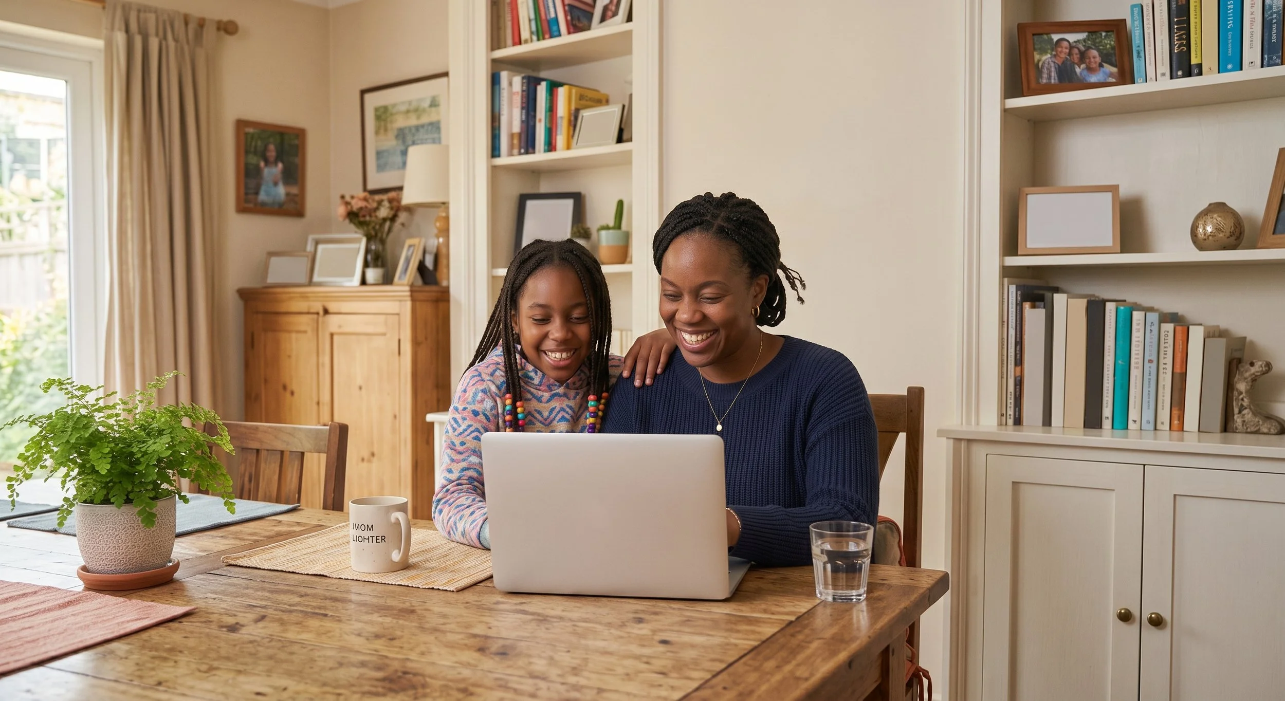 Boy and parent reviewing a video on a laptop