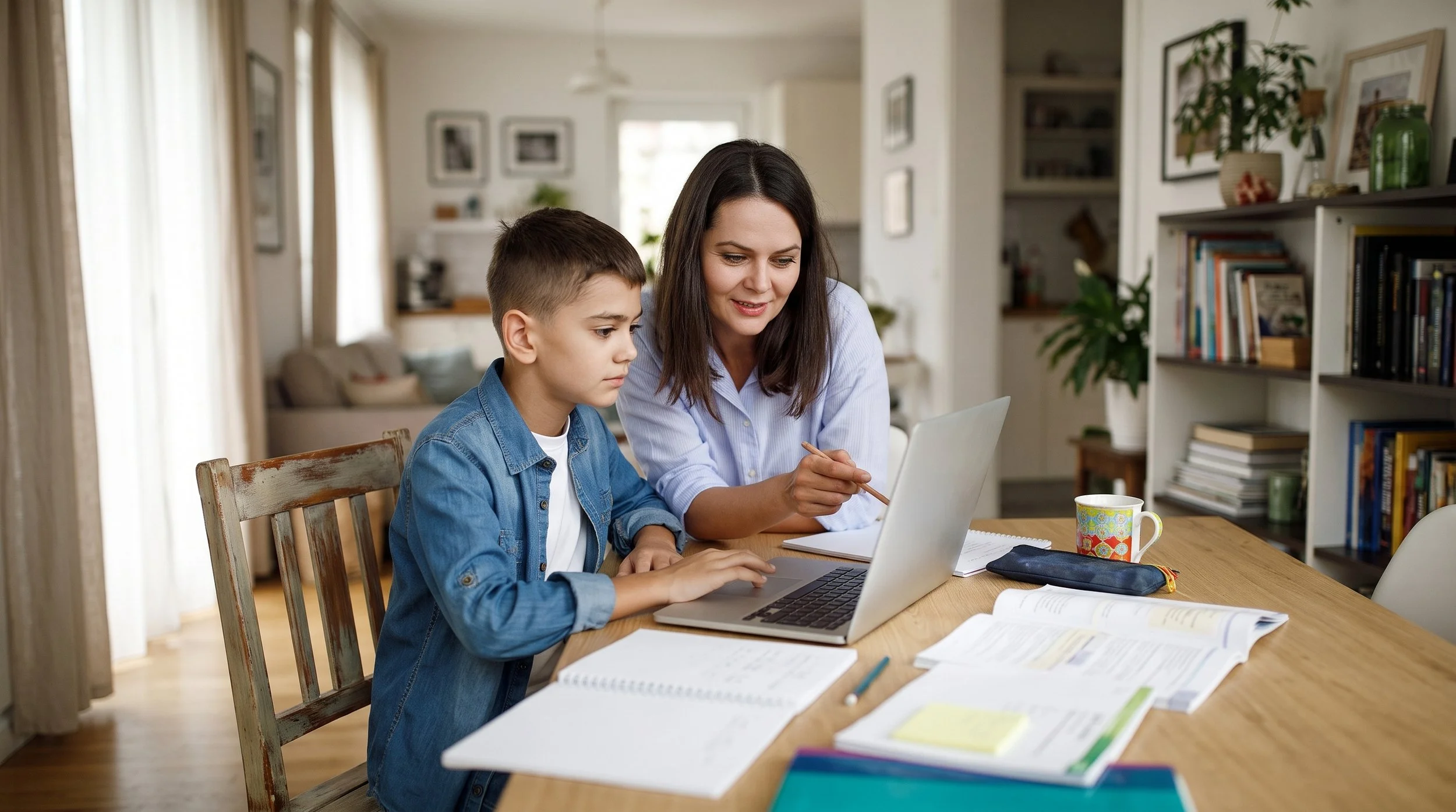 Boy and parent reviewing a video on a laptop