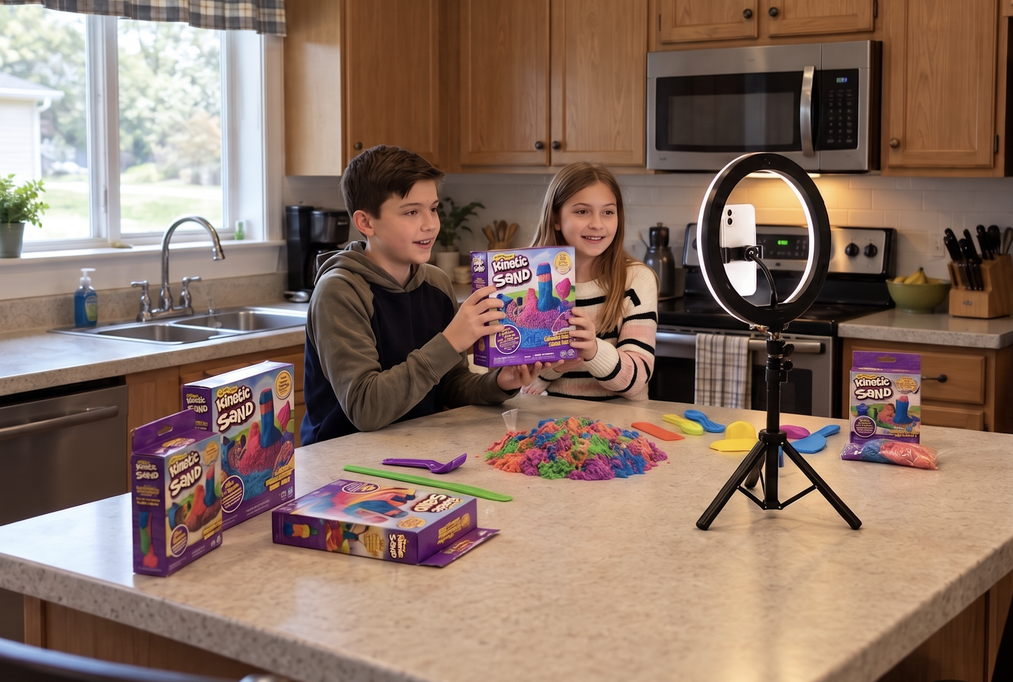Two kids filming a toy review with a phone on a ring light