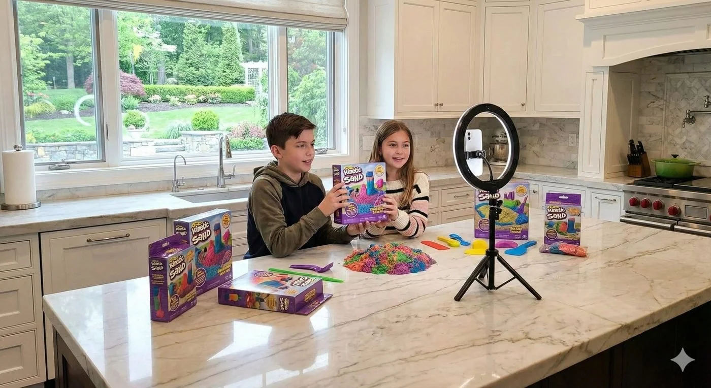 Two kids filming a toy review with a phone on a ring light