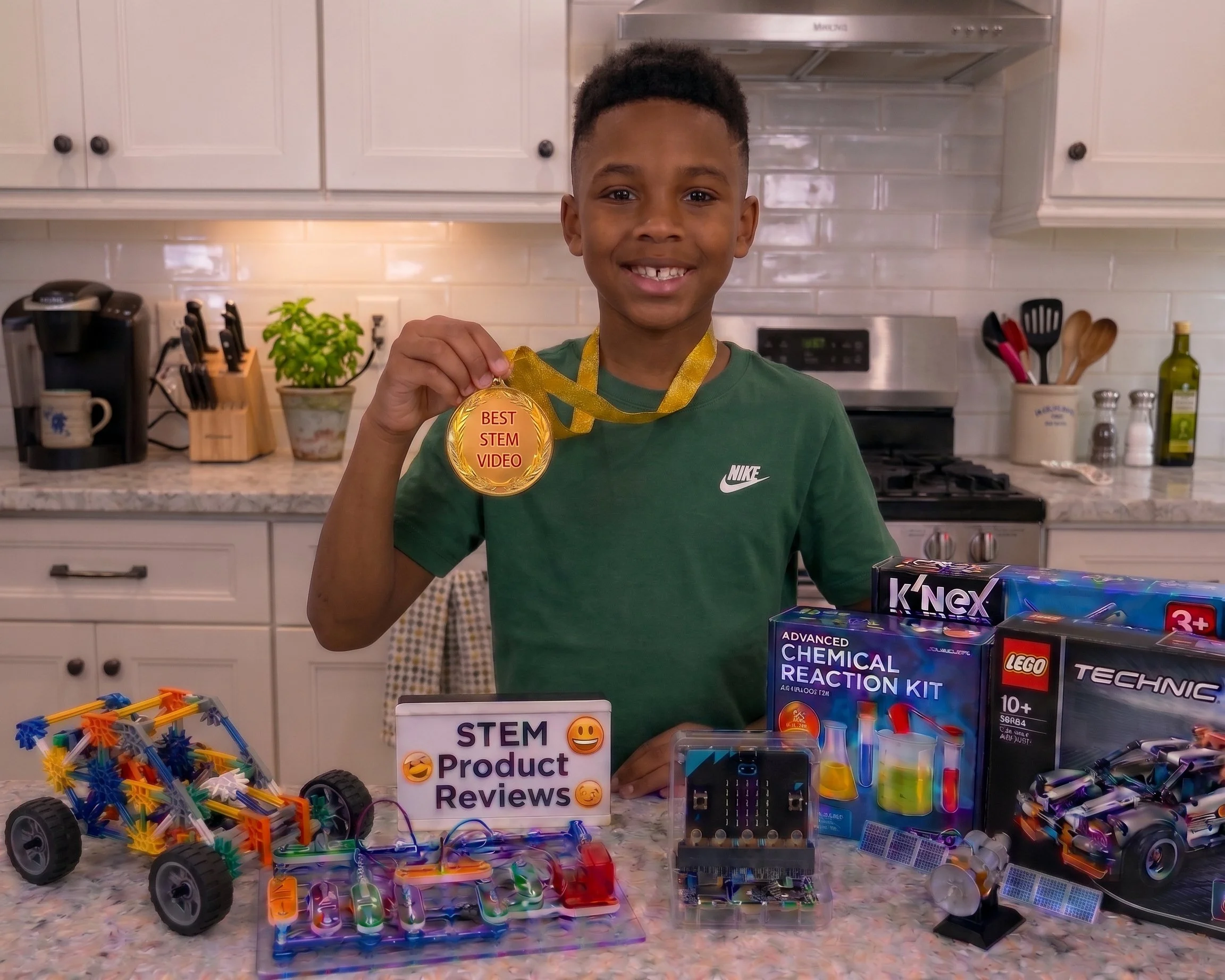 Boy holding a Best STEM Video certificate and wearing a medal