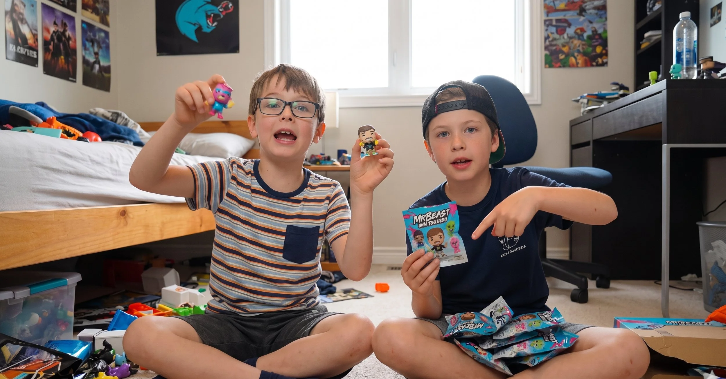 Henry and Justin unboxing Mr Beast figures