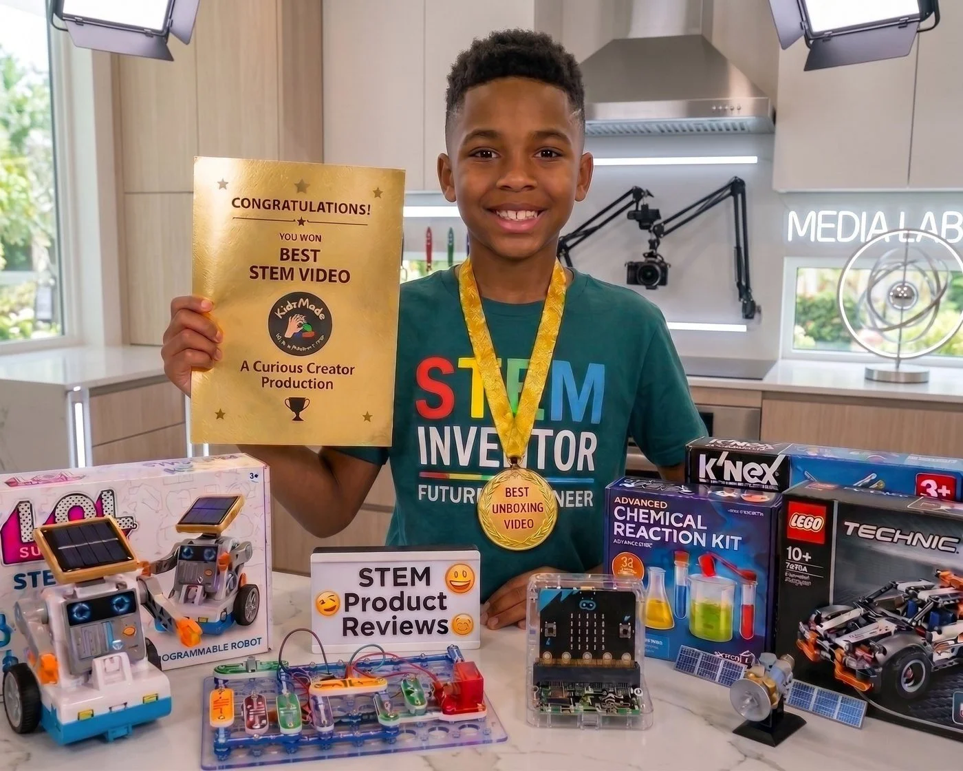 Boy holding a Best STEM Video certificate and wearing a medal