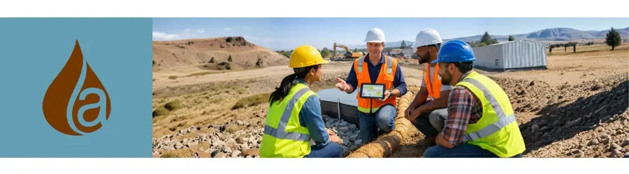 Construction stormwater manager and site personnel reviewing erosion-control and runoff-management practices at a work site.