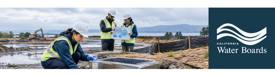 Stormwater professional collects a runoff sample at a construction site while colleagues review a watershed plan.