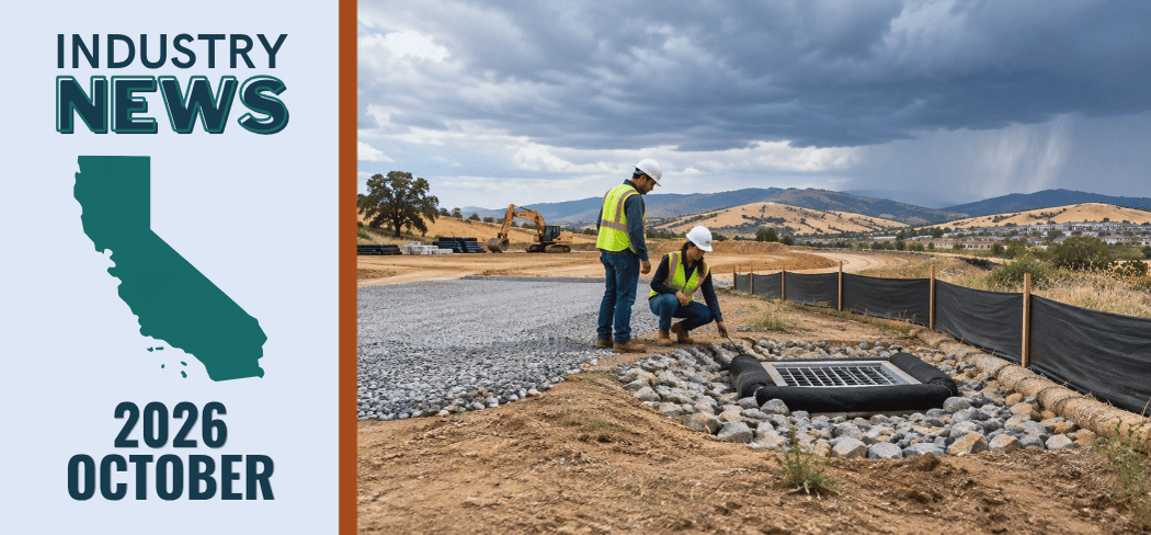 Construction workers inspect erosion and sediment controls at a California job site as rain clouds gather over the hills.