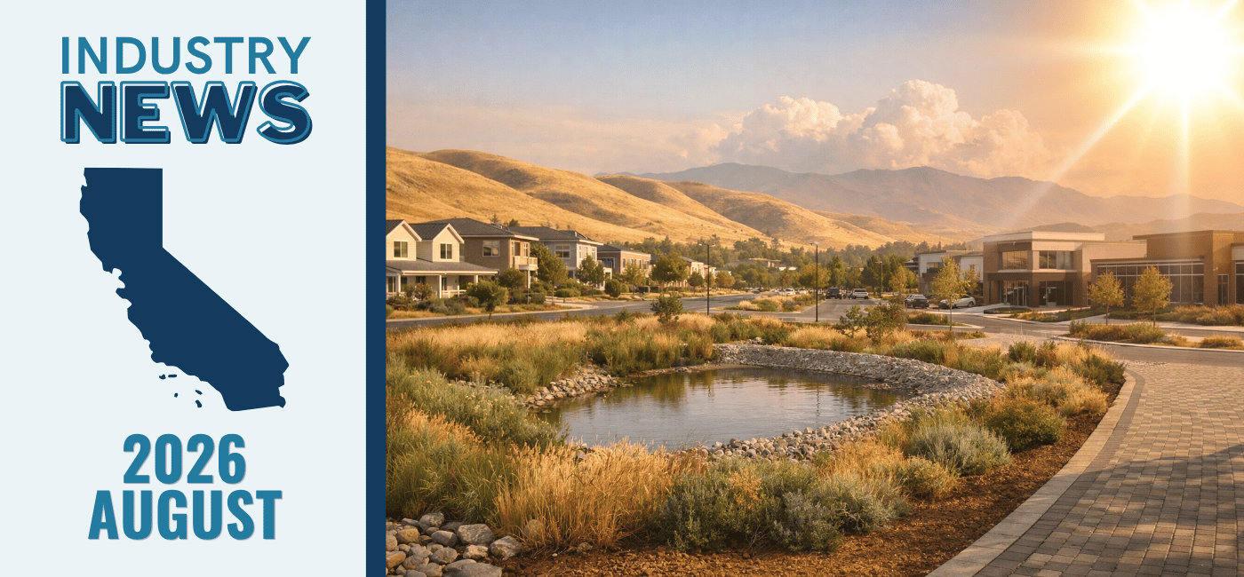 California summer landscape with stormwater infrastructure and gathering clouds, representing water quality, El Niño rainfall outlooks, and permitting updates.