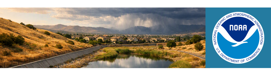 California hills, stormwater infrastructure, and gathering clouds illustrating the potential El Niño rainfall outlook for fall and winter 2026–27.