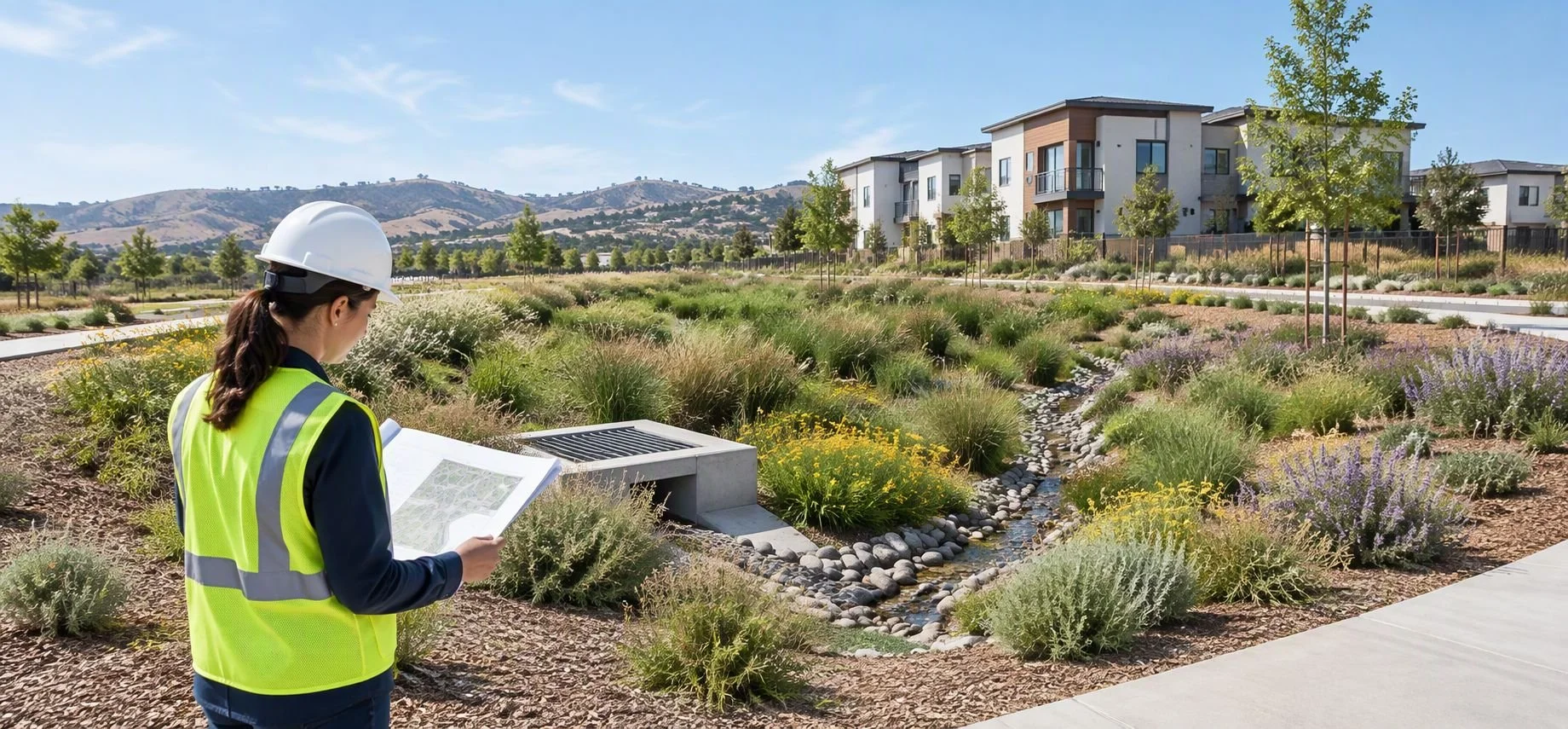 Southern California development, with native and drought-tolerant plants, a visible stormwater inlet, and a discreet flow path through the planting, a civil engineer or stormwater professional