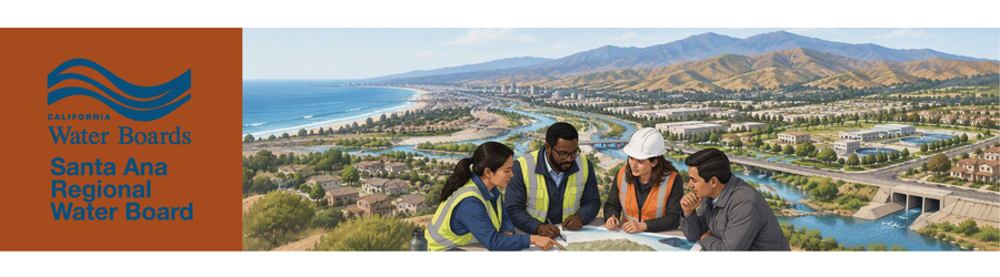 Stormwater professionals review a watershed plan, with the Santa Ana River corridor and Southern California communities in the background.