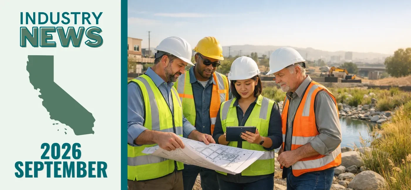 California construction and stormwater professionals review site plans near a stormwater basin, highlighting September training, compliance, and policy updates.