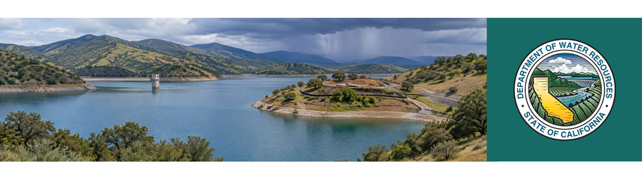California reservoir among foothills beneath approaching storm clouds, with a construction site prepared with erosion and sediment controls.
