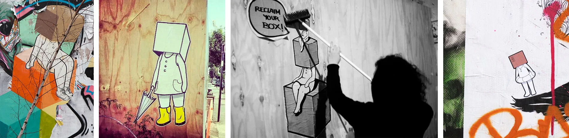 A series of street art murals and graffiti featuring Boxhead character by Begona Toledo, some with umbrellas, on various surfaces including wood and brick walls.