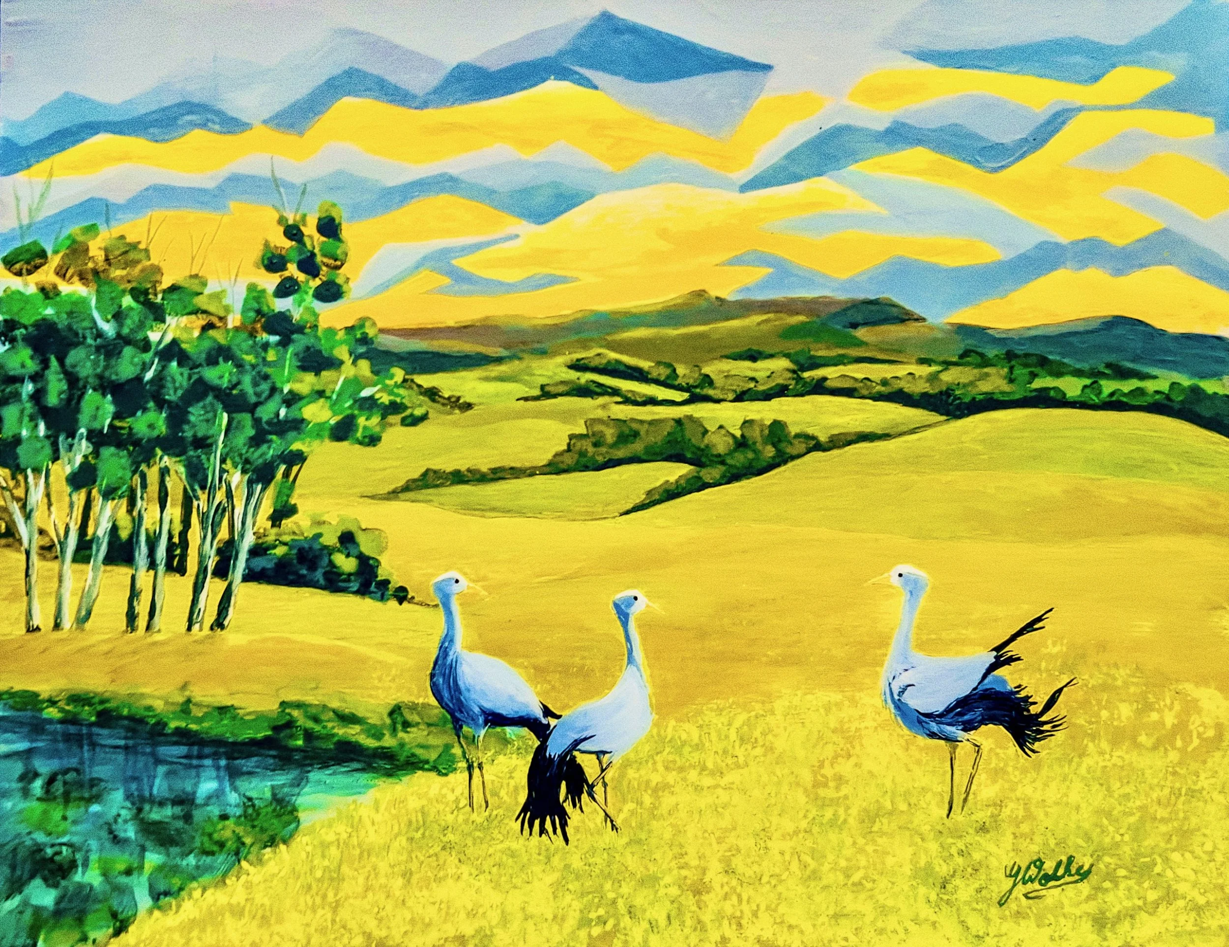 Dancing in the Sunset ( The Blue Crane is the national bird of South Africa 
16"w x 12"h  Acrylic mixed media on paper.
(Framed 21"w x  17"h) $660.00CAN
