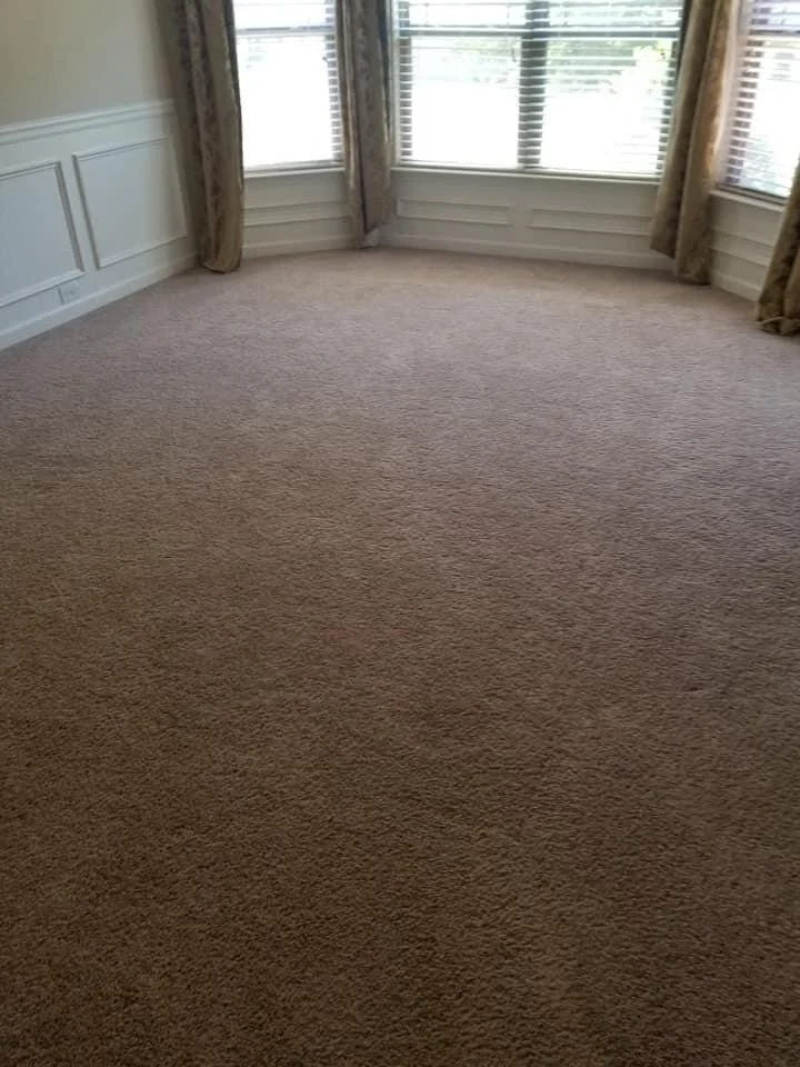 Empty room with beige carpet, white paneled walls, and large windows with blinds and curtains.