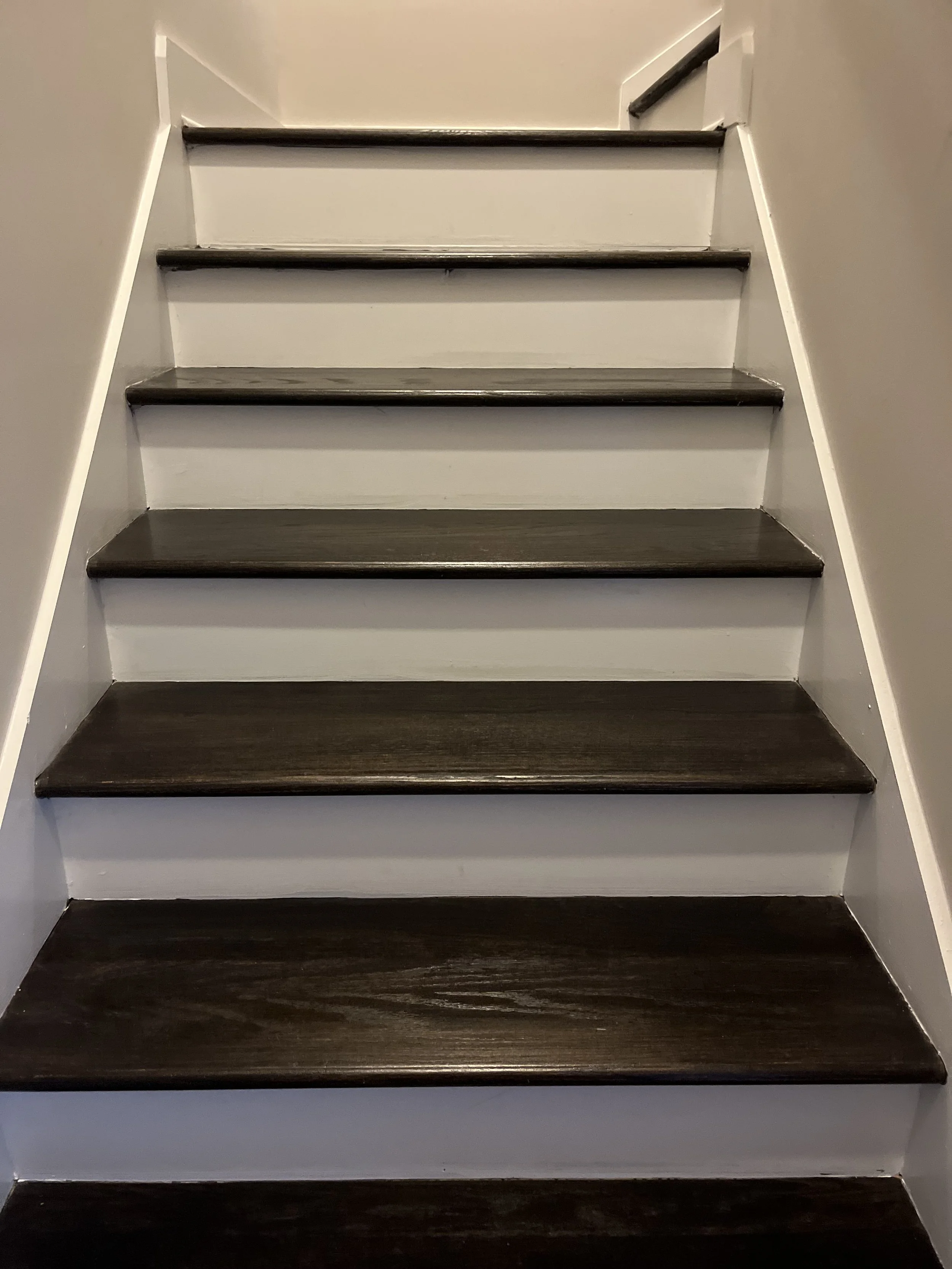 Dark wood staircase with white risers and beige walls on either side.