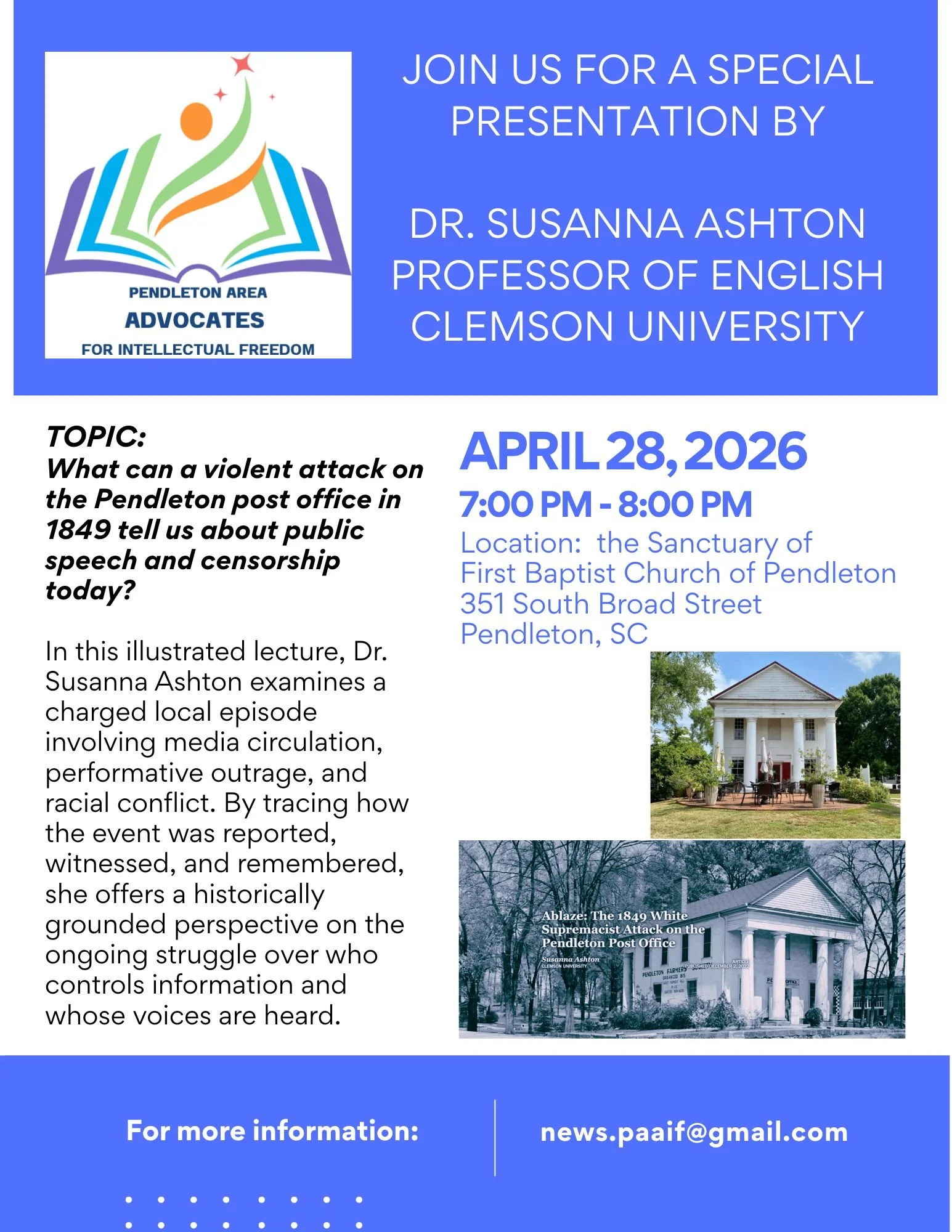 ABLAZE - The 1849 white supremacist attack on the Pendleton Post Office - a Public Talk hosted by the Pendleton Area Advocates for Intellectual Freedom - 