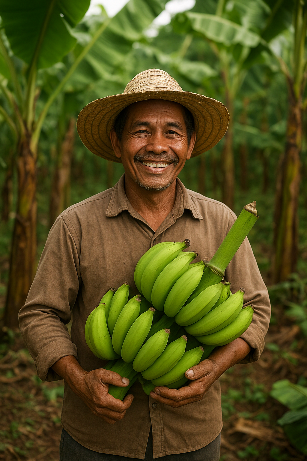 A smiling man wearing a straw hat and brown shirt holding a large bunch of green bananas in a lush banana plantation.