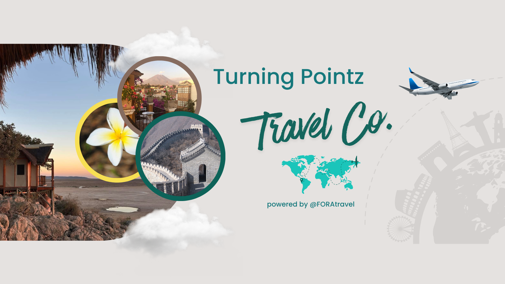 Travel company promotional image with photos of a beach hut, flowers, a mountain view, and the Great Wall of China, featuring a plane in flight and graphic world map design.