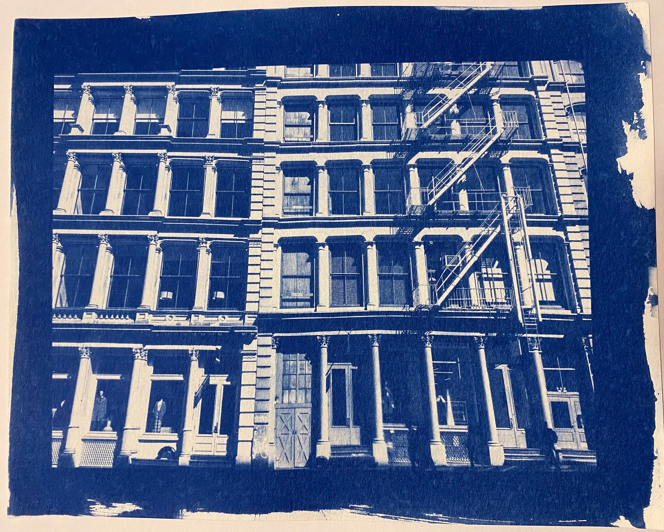 NYC (Cities Series) - SoHo Bldg #1, cyanotype print on archival watercolor paper, 140lb/300gsm, 9 x 12 in, 2022. 