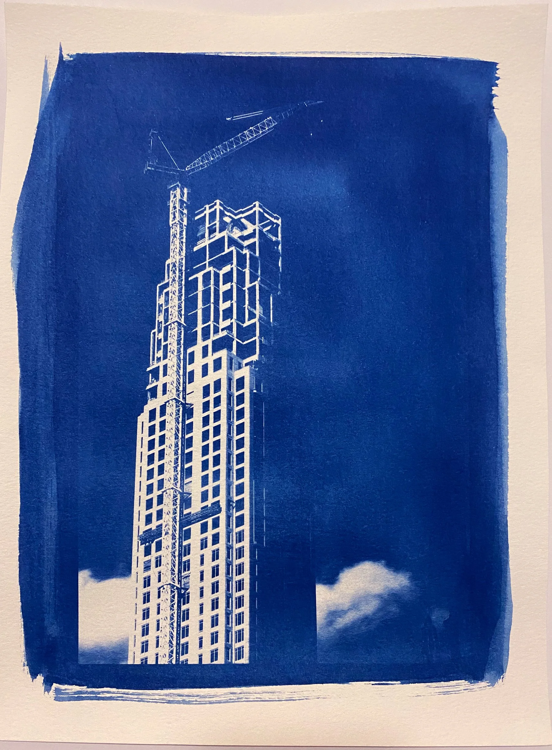 NYC (Cities Series) - Skyscraper cyanotype print on archival watercolor paper, 140lb/300gsm, 12 x 9 in, 2022. 