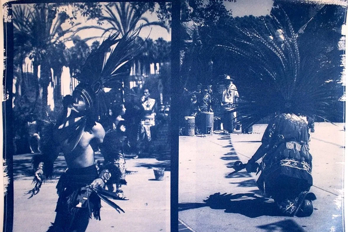 Two frames: Man and woman dancing, Los Aztecas Series, cyanotype print on archival watercolor paper, 140lb/300gsm, 10 x 14 in, 2026. 