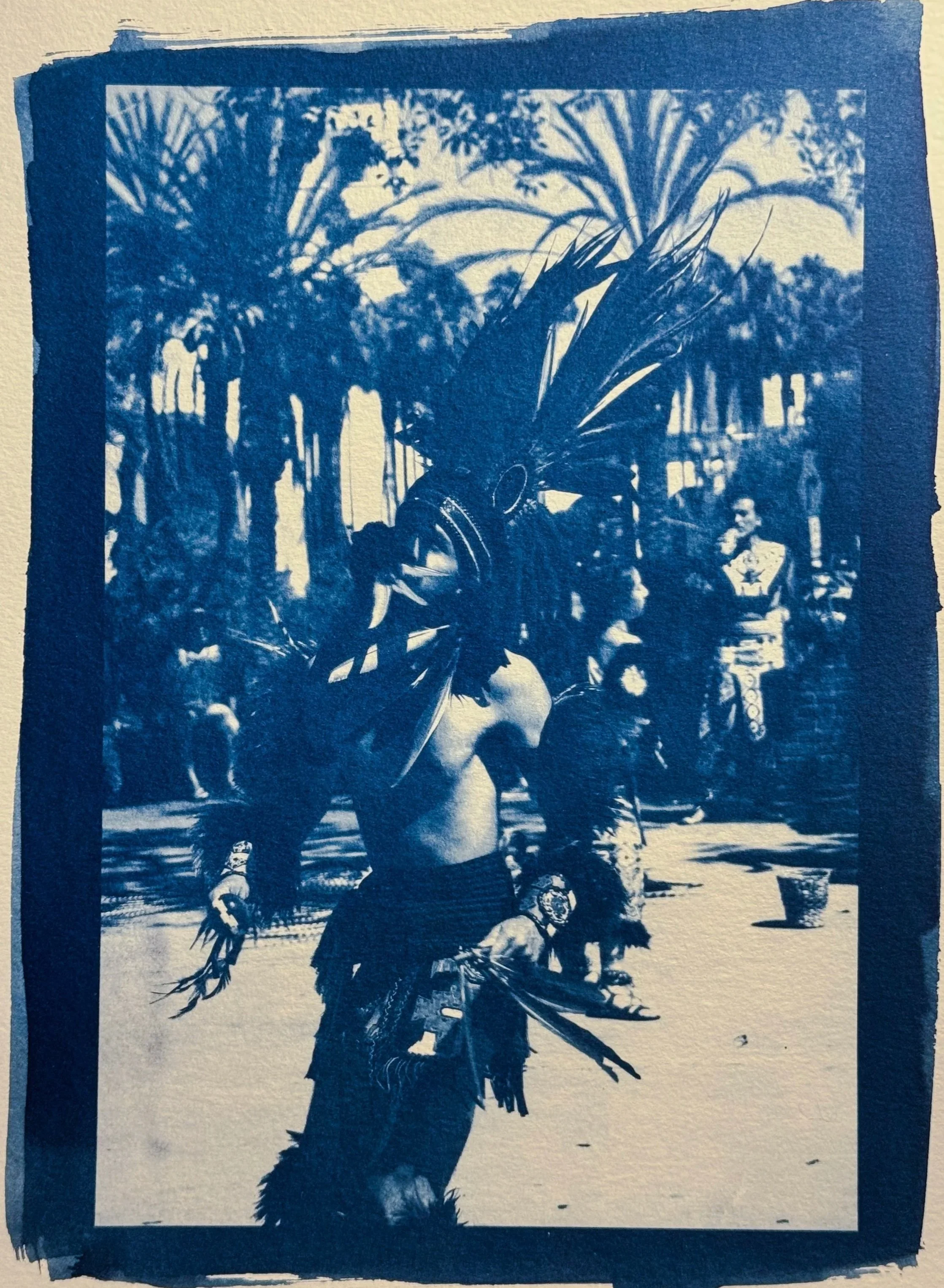 Dancer #1 (young man), Los Aztecas Series, cyanotype print on archival watercolor paper, 140lb/300gsm, 9 x 12 in, 2026. 