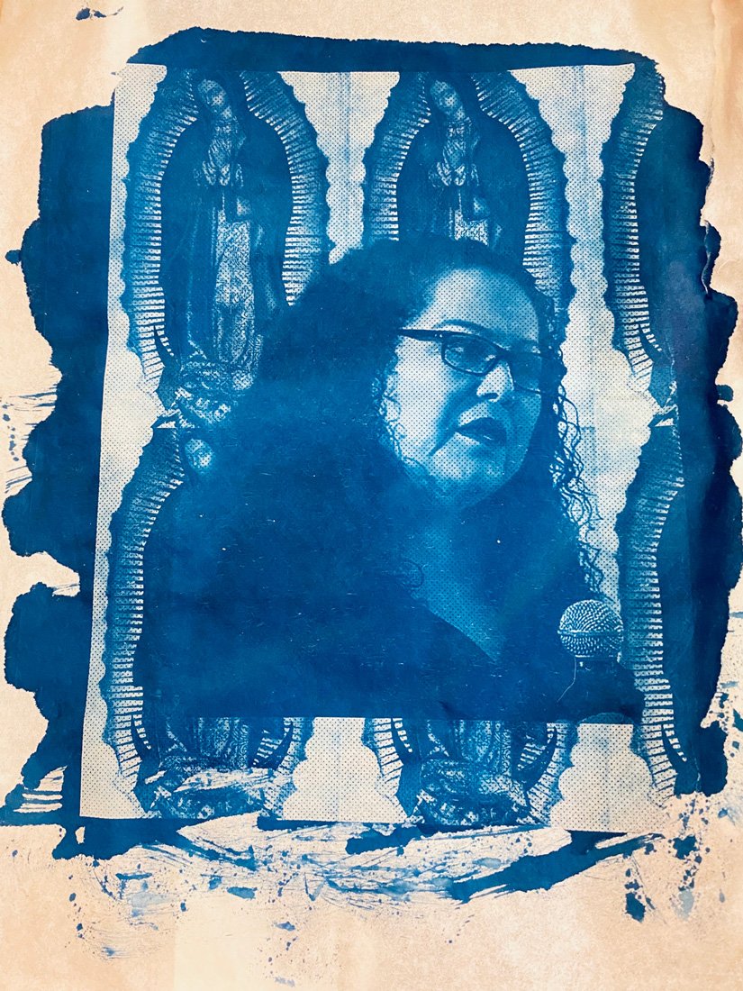 "I fear for my life." Portrait of L.M., slain in 2022, cyanotype print on rice paper, 14 1/2 x 10 in, 2022